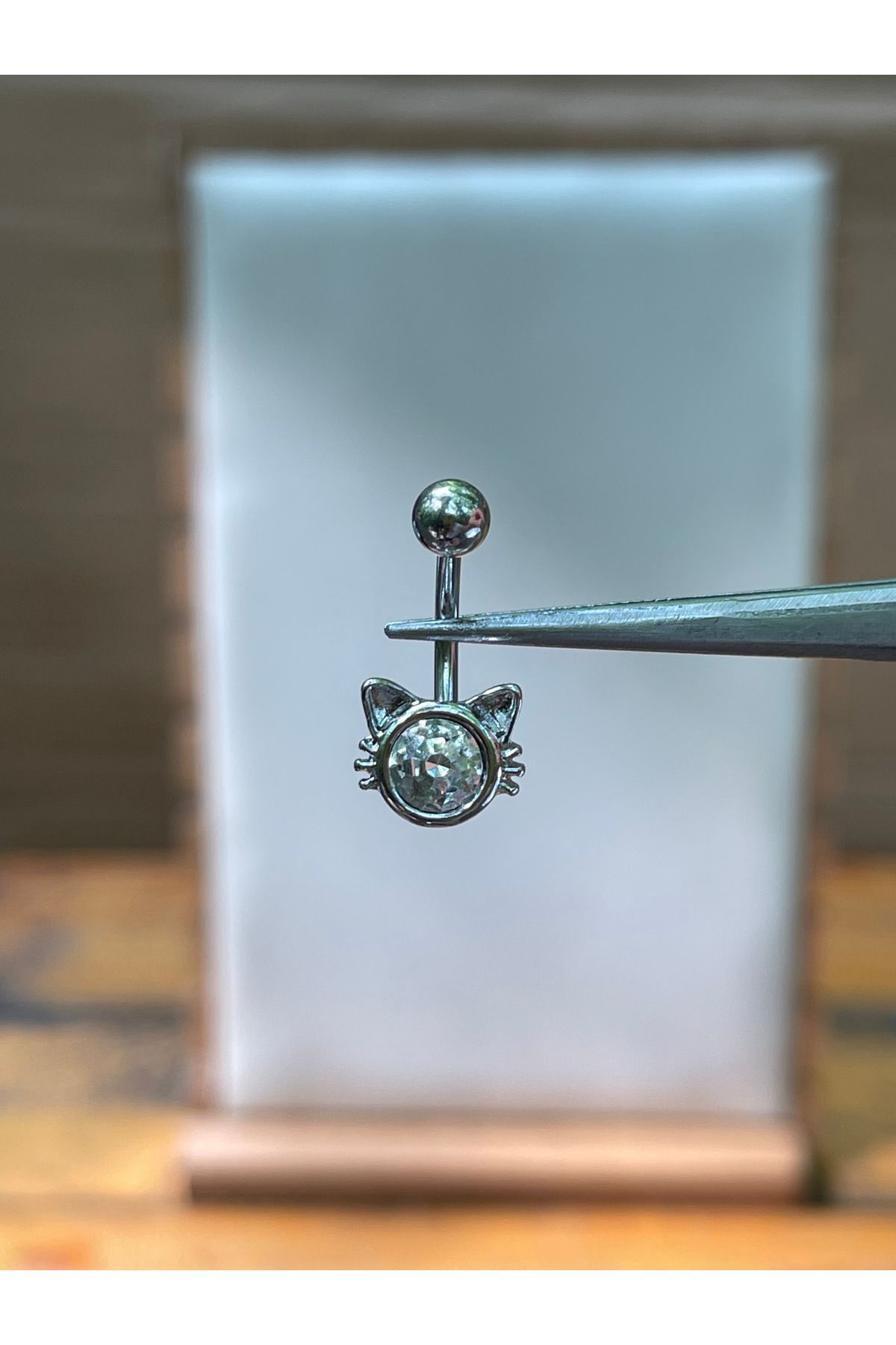 Rupen Kraft 316 L Cerrahi Çelik Kristal Taşlı Gümüş Renginde Kedi Modeli Göbek Piercingi