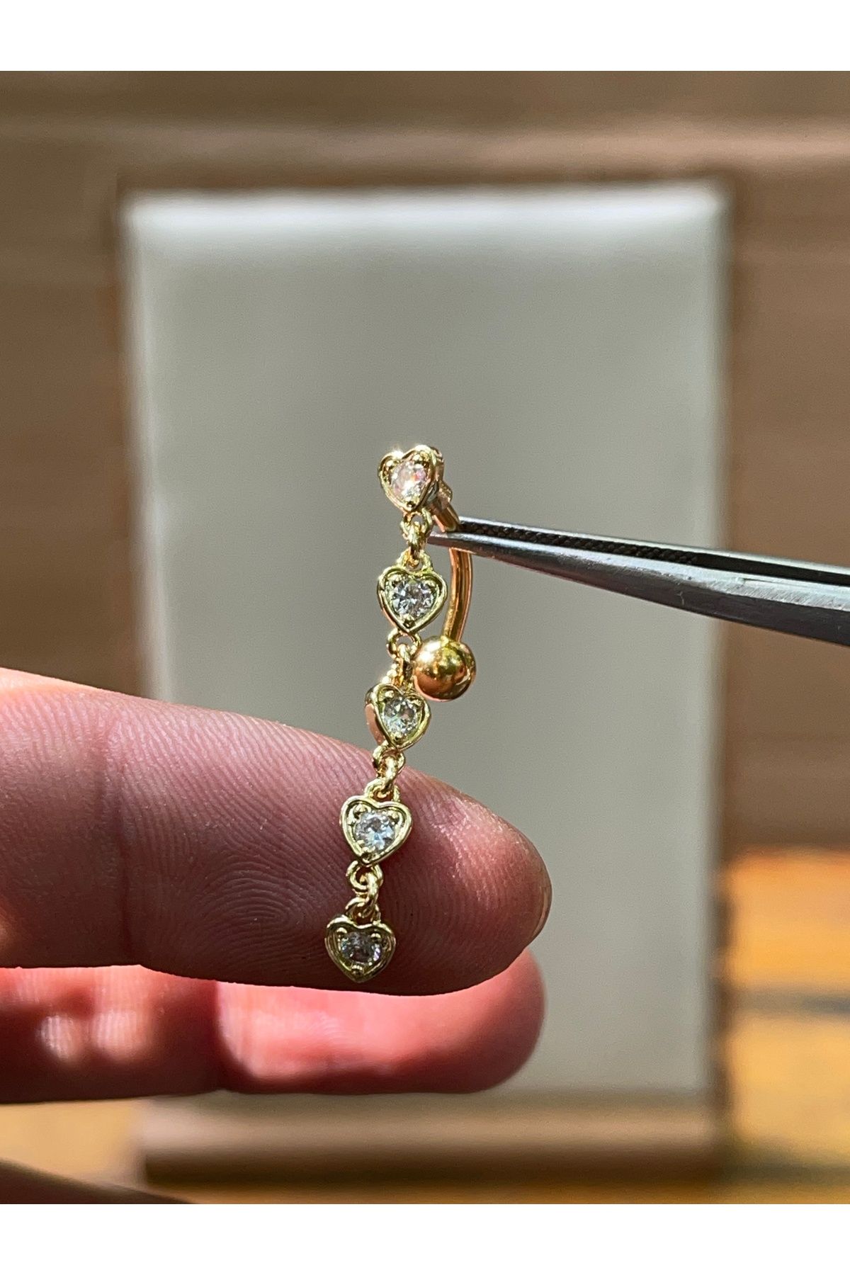 Rupen Kraft 316 L Cerrahi Çelik Sallantılı Kalp Detaylı Zirkon Taşlı Göbek Piercingi