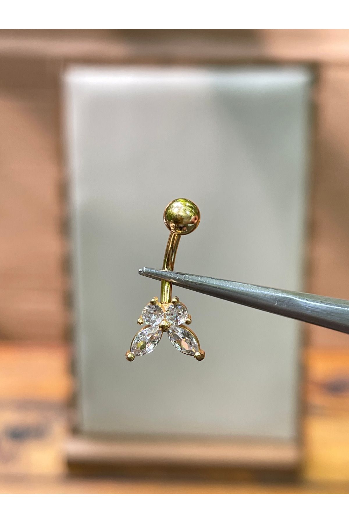 Rupen Kraft 316 L Cerrahi Çelik Kelebek Modeli Parlak Zirkon Taşlı Göbek Piercingi