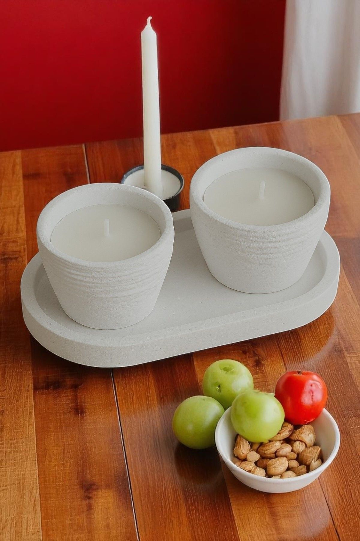 ERSE HOME Dekoratif Tabak ve Hasır Formunda Kase İçinde Mum, Beyaz Renk Beton Dekoratif 3' lü Set