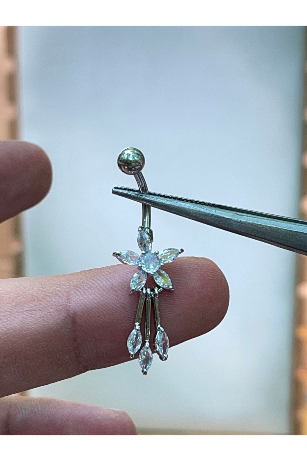 Rupen Kraft 316 L Cerrahi Çelik Markiz Kesim Pırlanta Modeli Sallantılı Göbek Piercingi