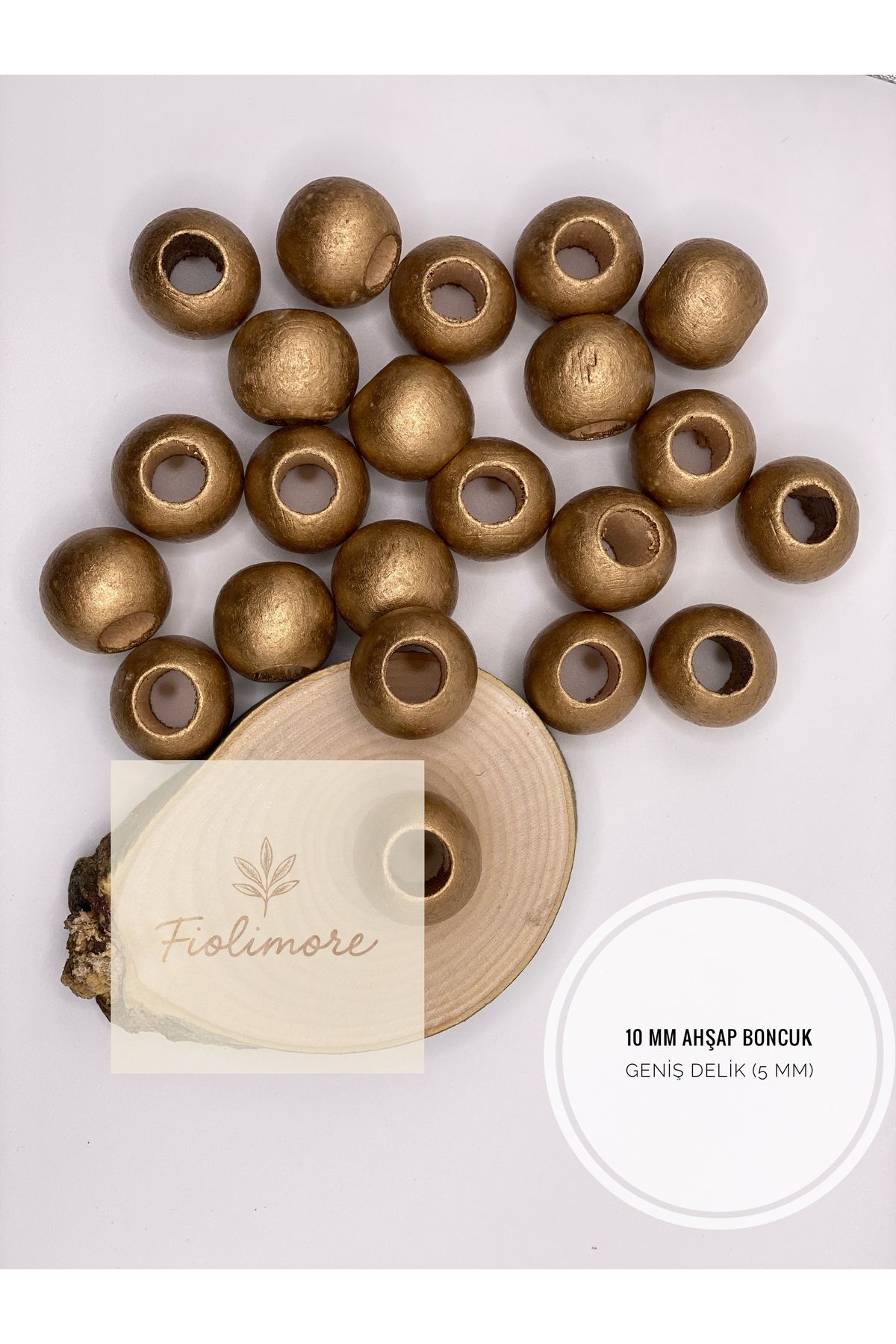 Fiolimore Altın Sarı Ahşap Boncuk 10 mm (50 Gram 155 Adet) Delik Çapı 5 mm Yuvarlak Tahta Renkli Boncuk