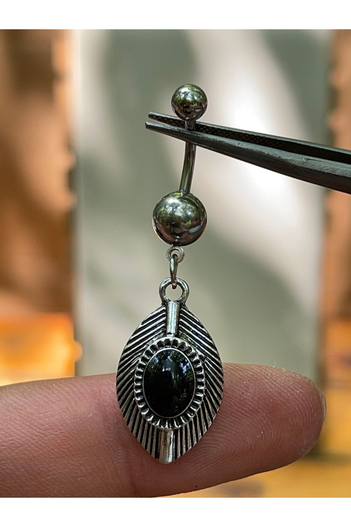 Rupen Kraft 316 L Cerrahi Çelik Siyah Damla Taşlı Motif İşlemeli Göbek Piercingi