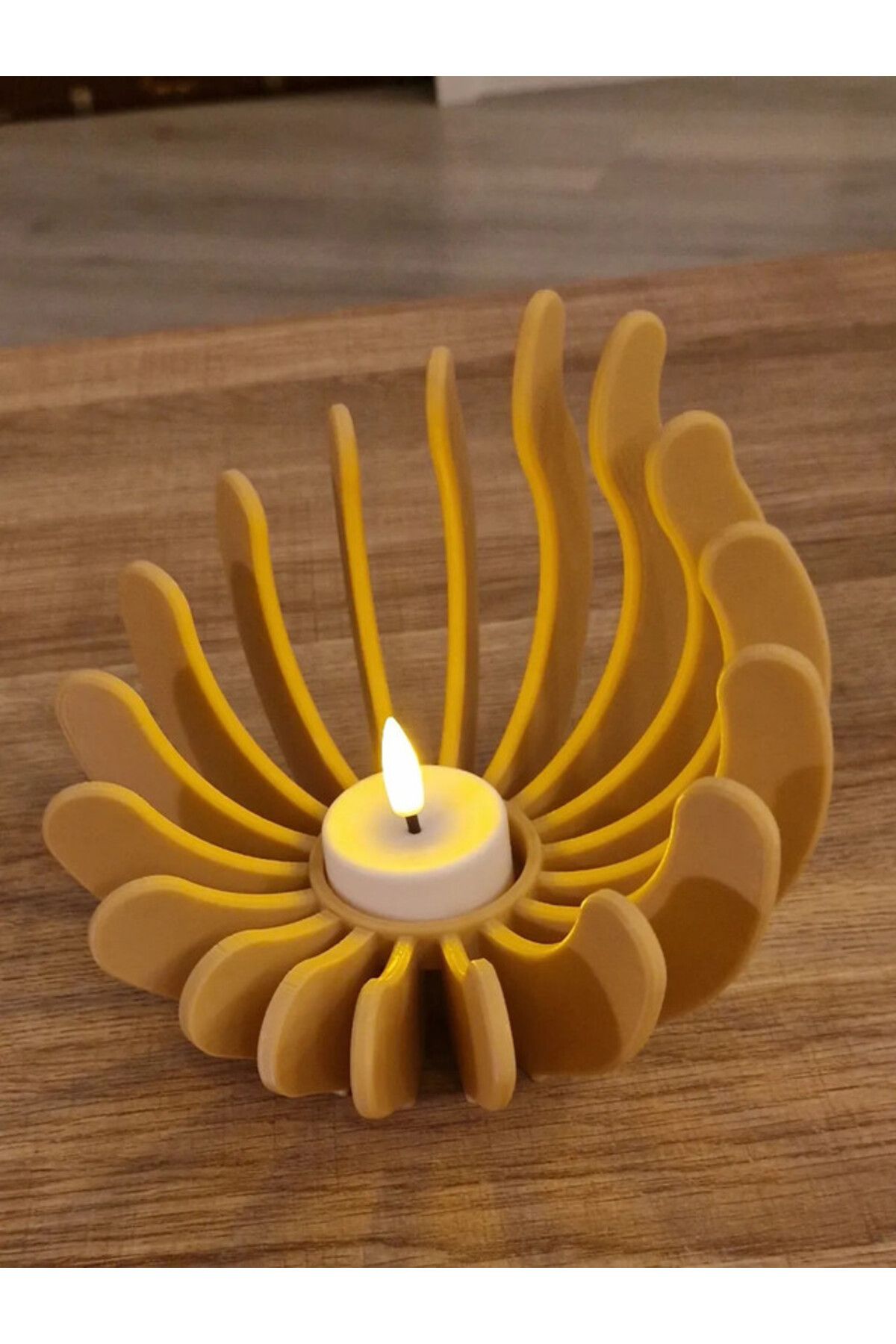 TSC Tealight Ahşap Dokulu Doğal Malzeme Led Mumluk Masa Dekoru Süs Eşyası