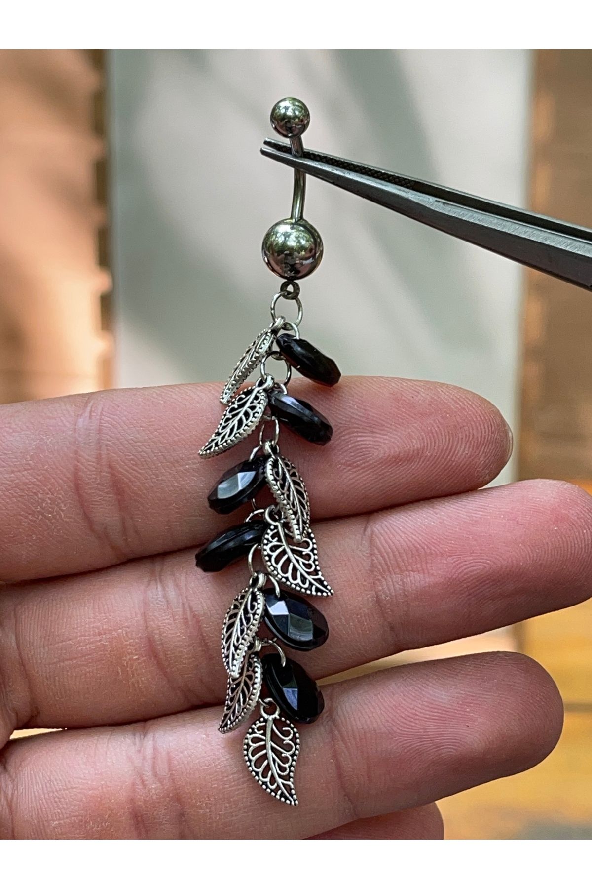 Rupen Kraft 316 L Cerrahi Çelik İşlemeli Taşlı Yaprak Sallantılı Göbek Piercingi