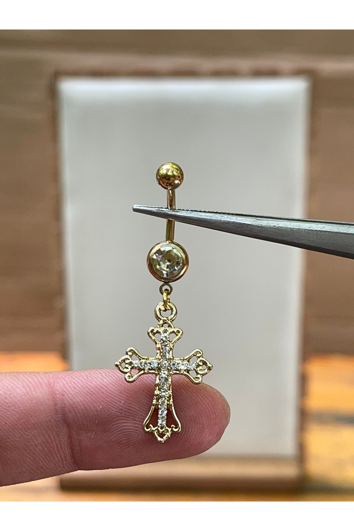 Rupen Kraft 316 L Cerrahi Çelik Haç Modeli Zirkon Taşlı Göbek Piercingi