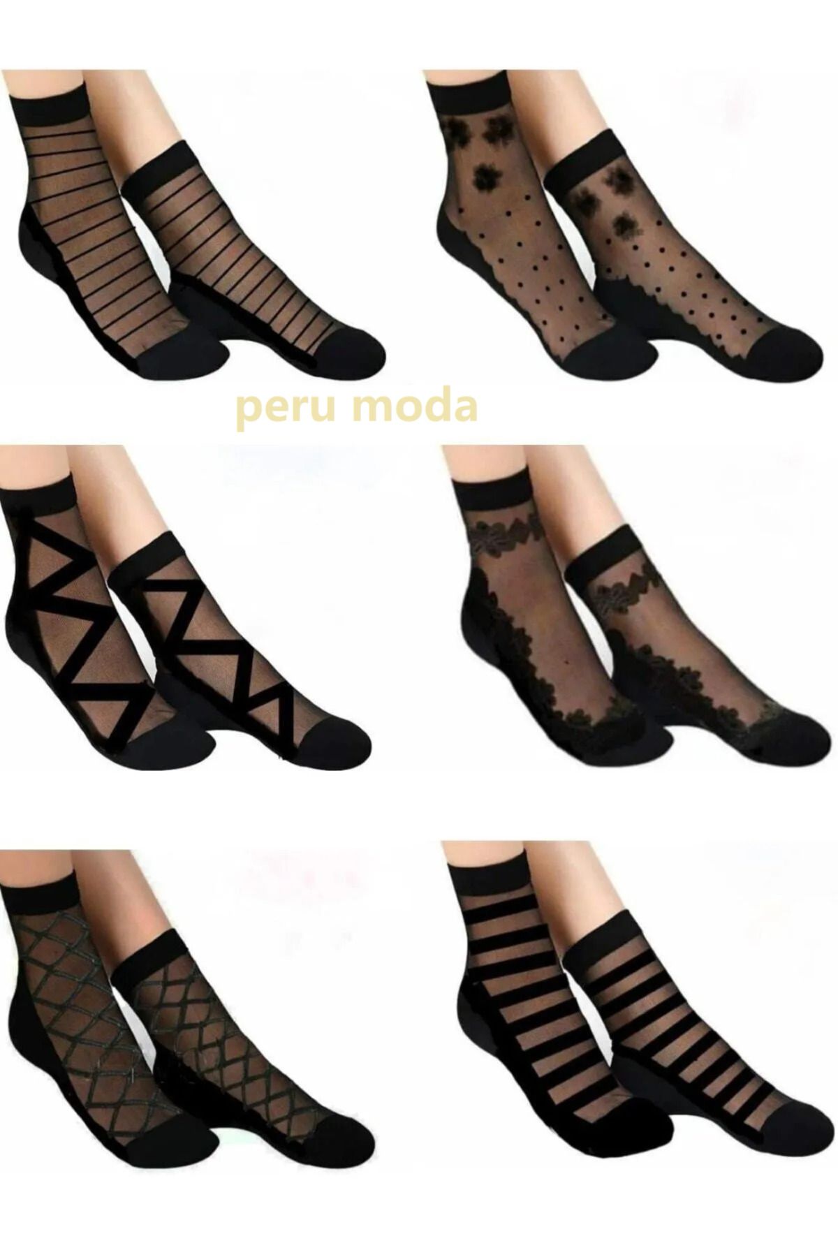 peru moda 6 Çift Kadın Tül Desenli Kolej Çorap