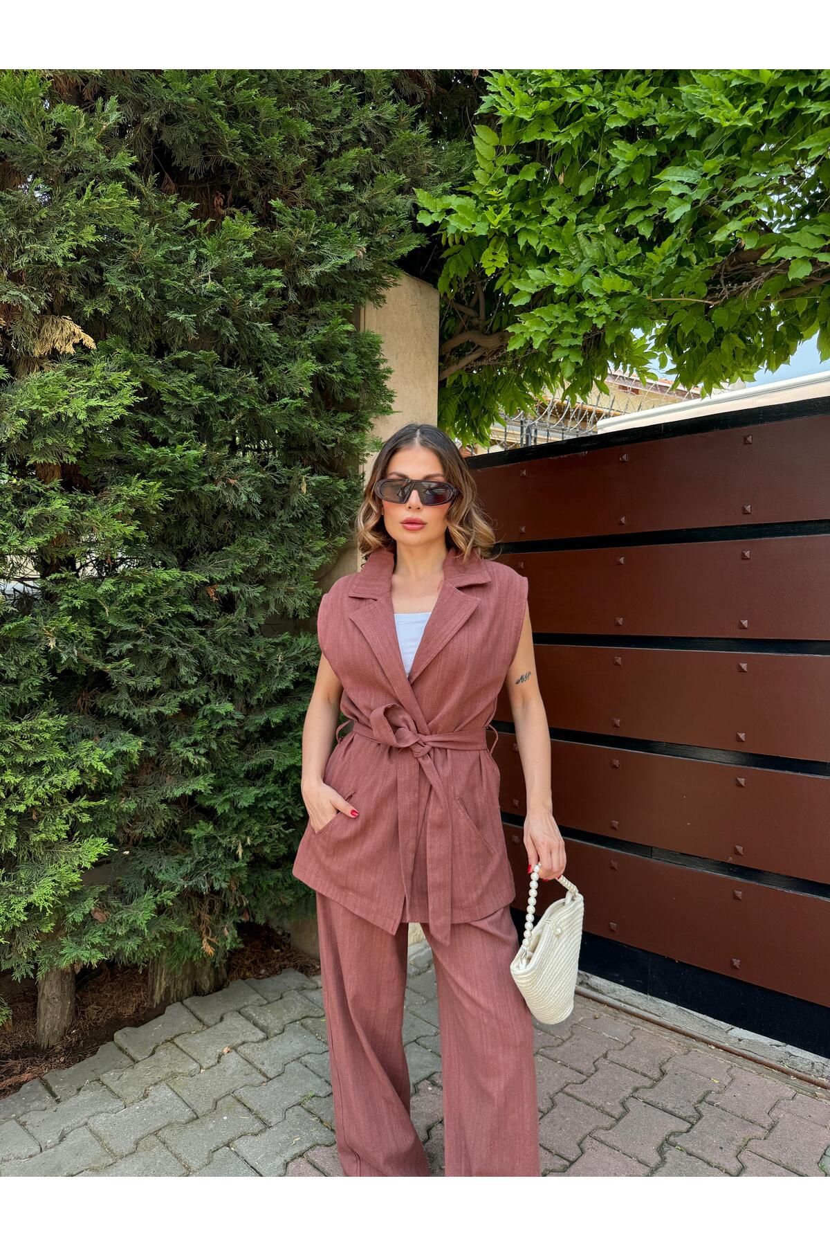 Caelina KİREMİT YELEK PANTOLON KETEN TAKIM