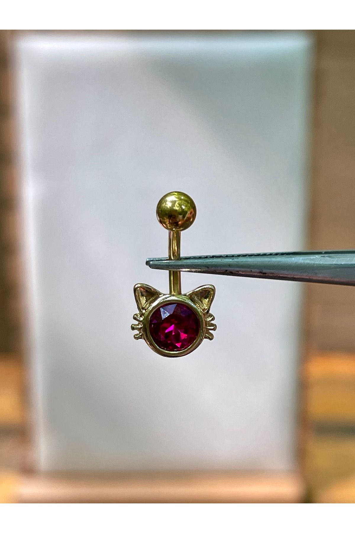 Rupen Kraft 316 L Cerrahi Çelik Mor Kristal Taşlı Kedi Modeli Göbek Piercingi