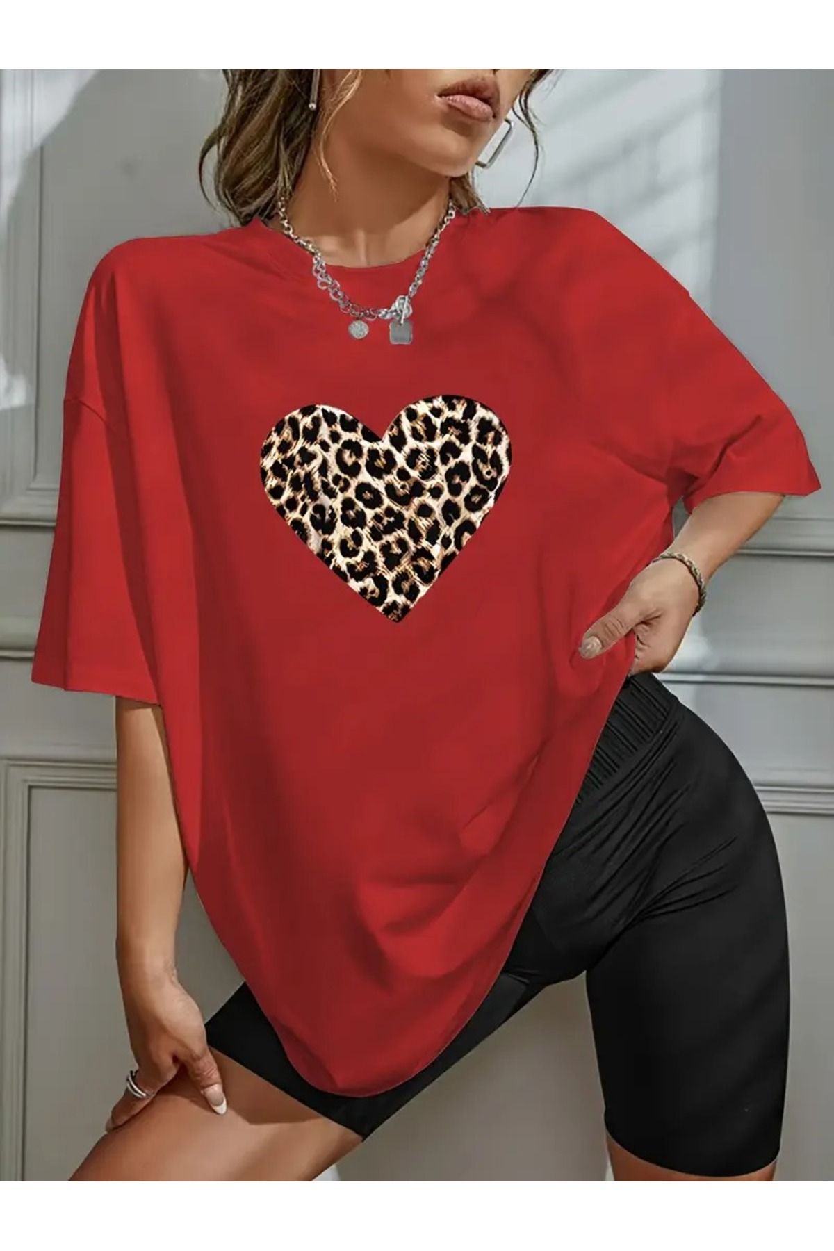 WOODROFFE Kadın Leopar Kalp Baskılı T-shirt, Scuba Dalgıç Kısa Tayt Takım (Tayt Tişört Takım)