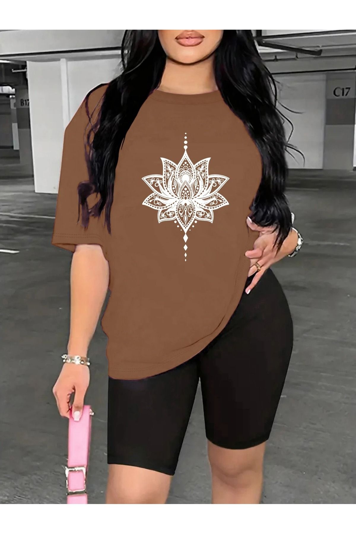 WOODROFFE Kadın Nilüfer Grafik Baskılı T-shirt, Scuba Dalgıç Kısa Tayt Takım Kombin (Tayt Tişört Takım)