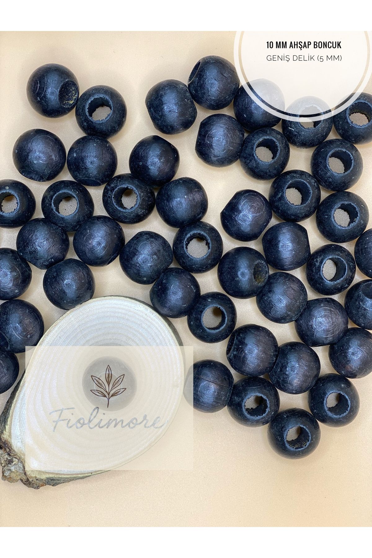 Fiolimore Siyah Ahşap Boncuk 10 mm (50 Gram 155 Adet) Delik Çapı 5 mm Yuvarlak Tahta Renkli Boncuk