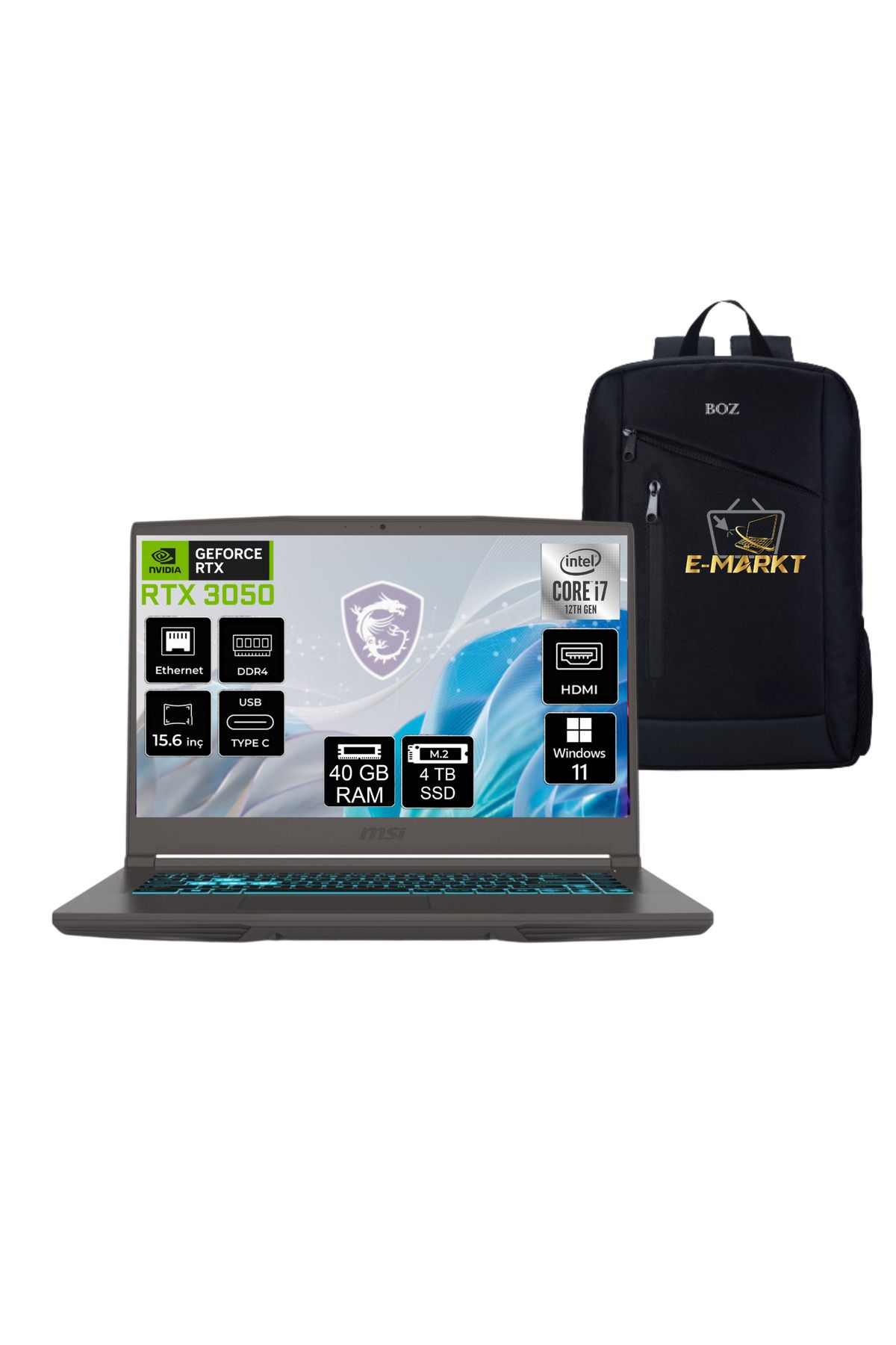 MSI THIN 15 B12UC-1479XTR Intel Core i7 12650H 40GB 4TB SSD RTX3050 WIN11 15.6 144Hz + Boz Çanta