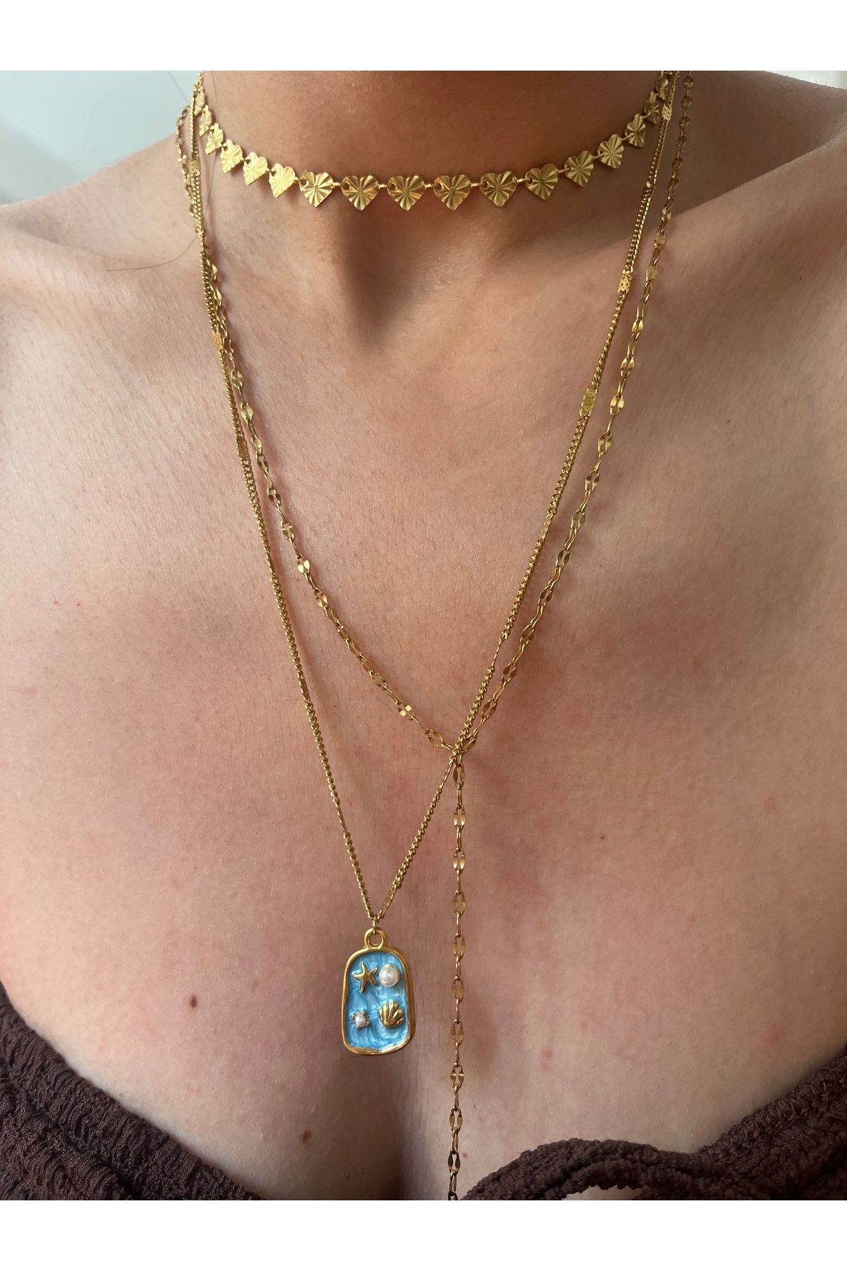 Hoop jewelery ÇELİK MAVİ RENK İNCİLİ SUMMER KOLYE