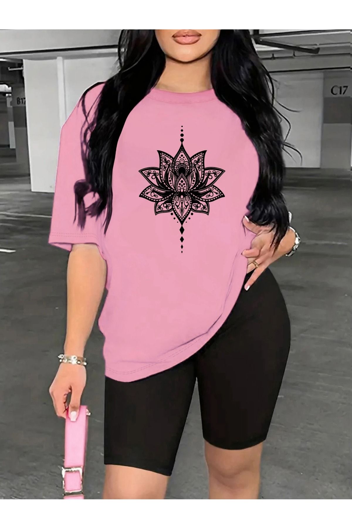WOODROFFE Kadın Nilüfer Grafik Baskılı T-shirt, Scuba Dalgıç Kısa Tayt Takım Kombin (Tayt Tişört Takım)