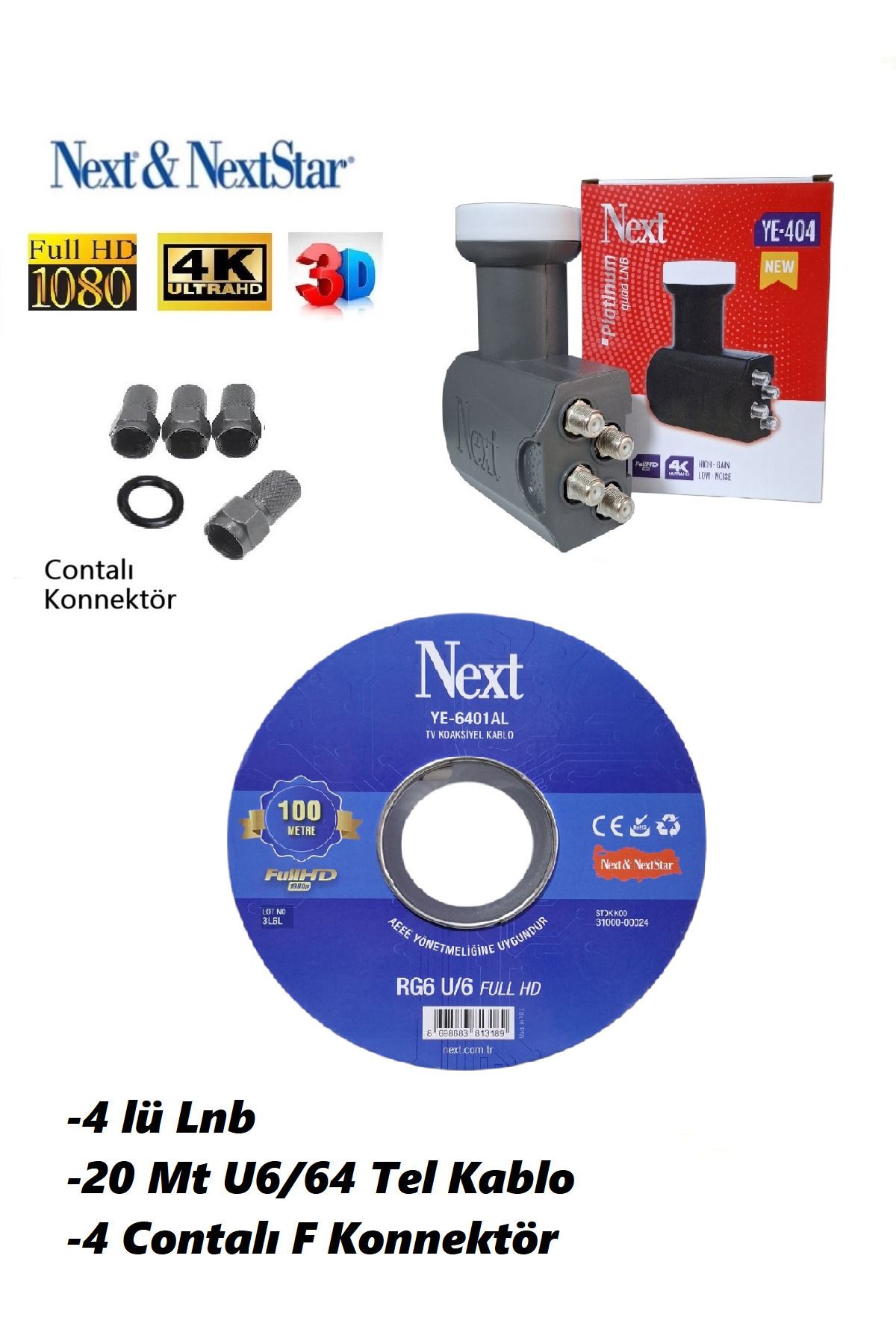 ANKTEK 20 Metre Anten Kablosu Full HD 3D 4K + 4 lü LNB YE- 404 (Yeni Seri) + 4 Adet Contalı F Konnektör