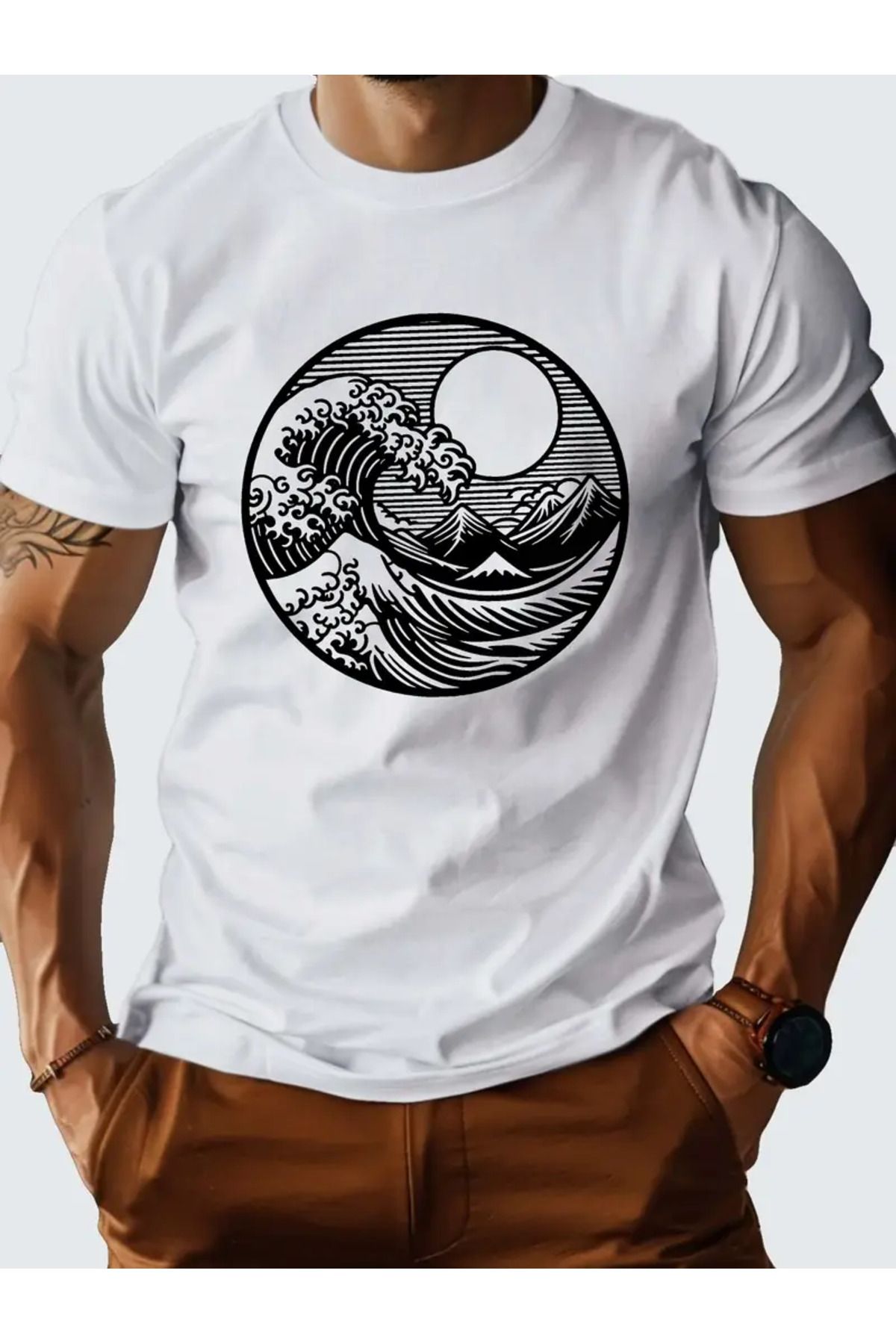 AEMİ Unisex Wave Sun Baskılı Oversize Bisiklet Yaka T-shirt