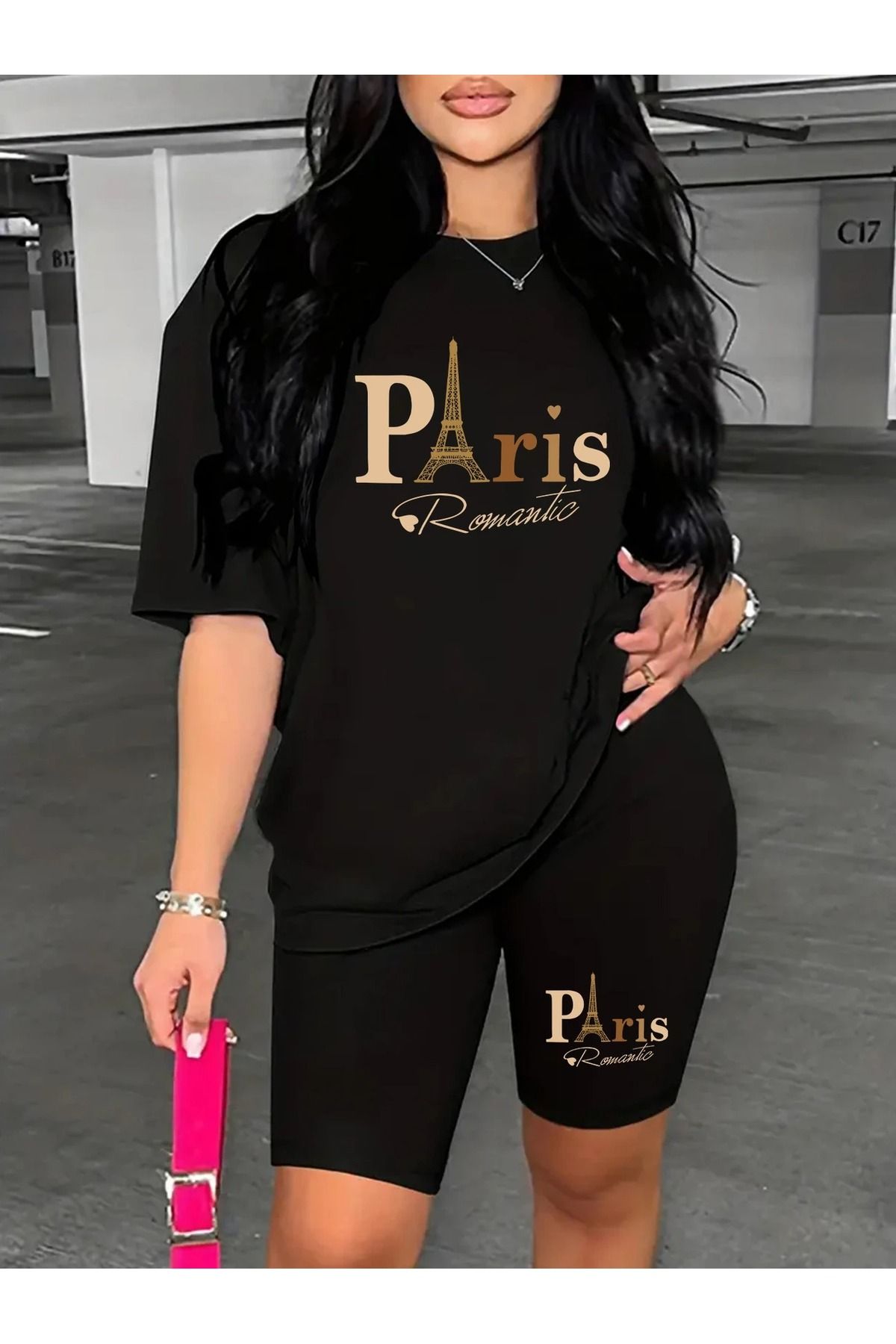 WOODROFFE Kadın Paris Romantik Baskılı T-shirt, Scuba Dalgıç Kısa Tayt ( Tayt Tişört Takım )