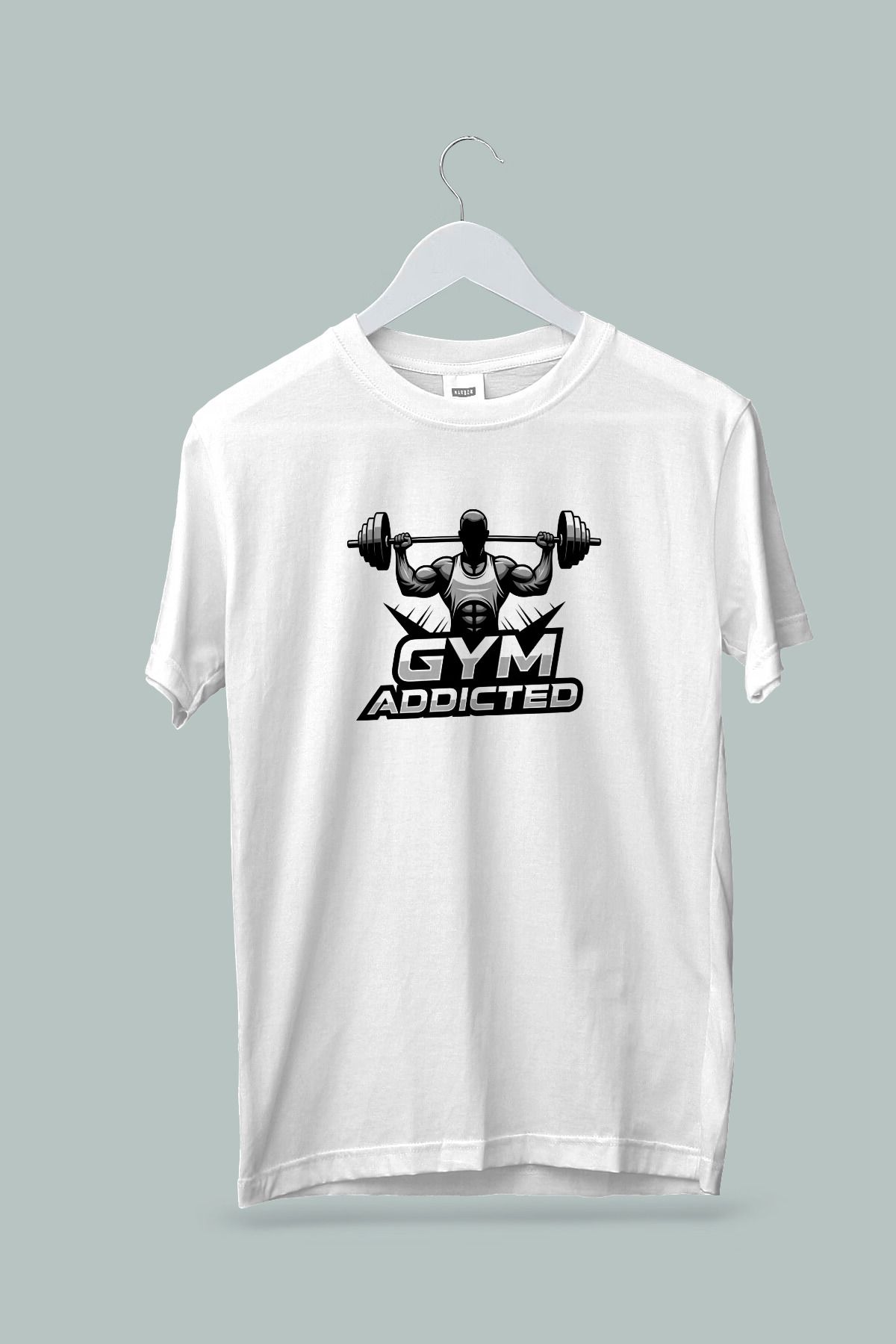 Maki Home Kadın Erkek Unisex Yetişkin Gym Fitness Addicted Baskılı Beyaz Gri Tshirt tişört