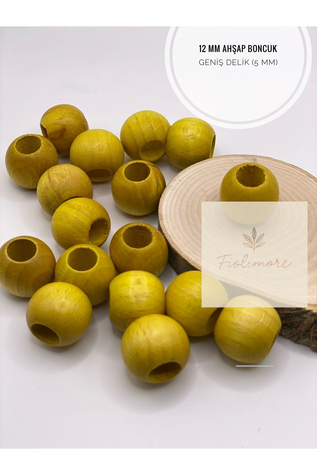 Fiolimore Sarı Ahşap Boncuk 12 mm (50 Gram 105 Adet) Delik Çapı 5 mm Yuvarlak Tahta Renkli Boncuk Geniş Delik