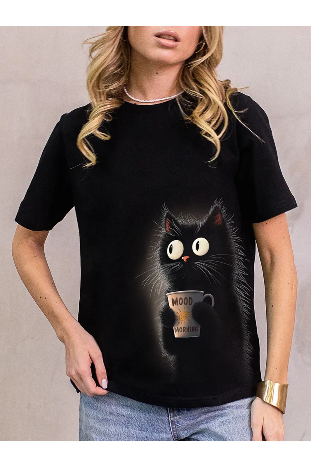 ELNOYA Unisex Pamuklu Beyaz Oversize "Mode Morning Kedi" Baskılı Bisiklet Yaka Rahat Günlük T-shirt
