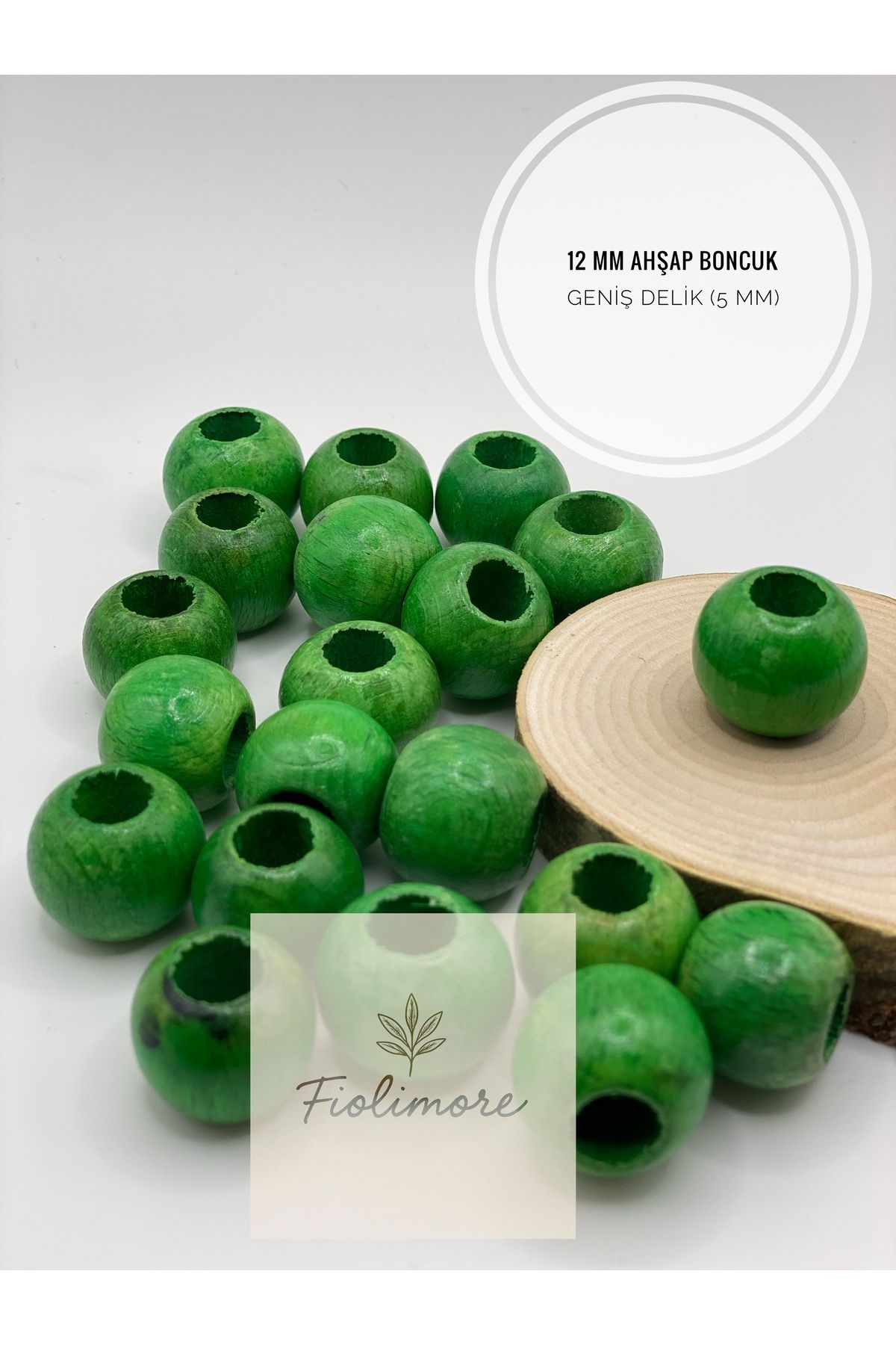 Fiolimore Fıstık Yeşil Ahşap Boncuk 12 mm (50 Gram 105 Adet) Delik Çapı 5 mm Yuvarlak Tahta Renkli Geniş Delik