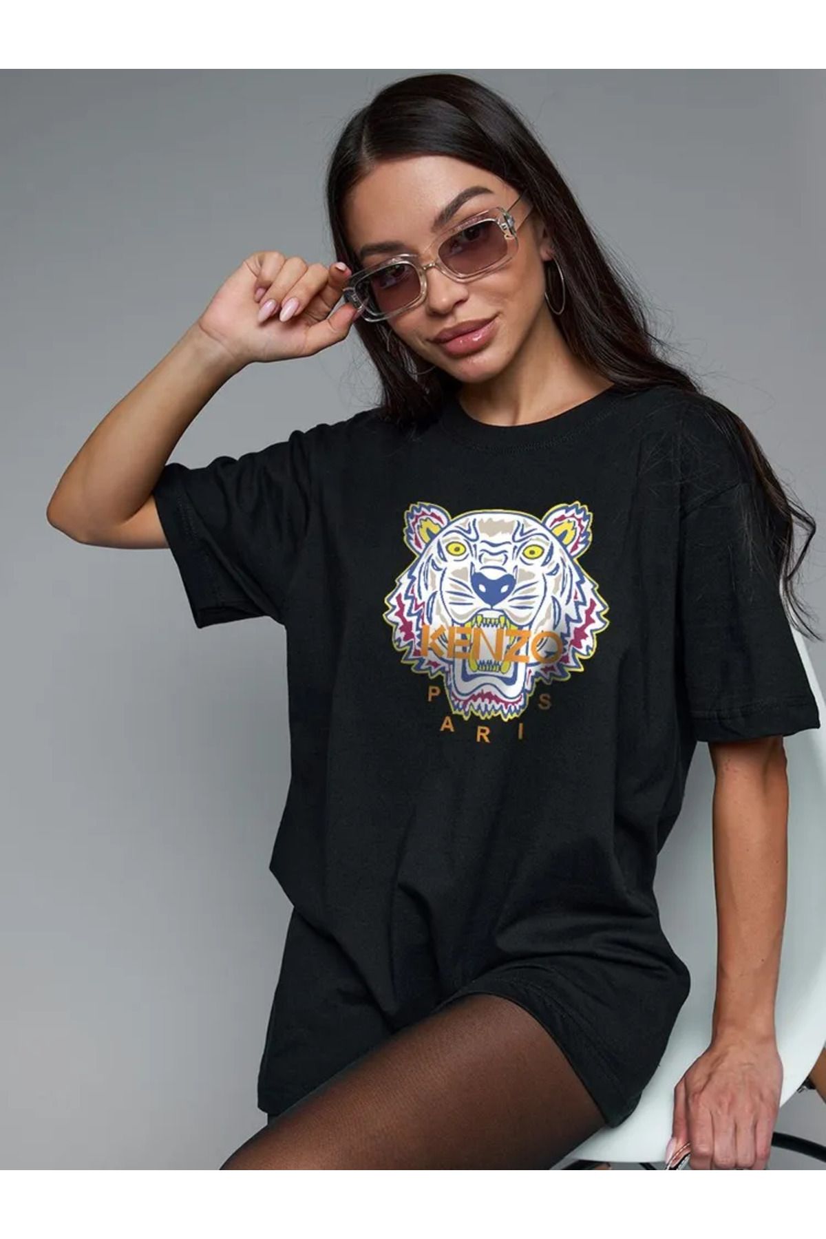 ELNOYA Unisex Pamuklu Beyaz Oversize "Kenzo Kaplan" Baskılı Bisiklet Yaka Rahat Günlük T-shirt
