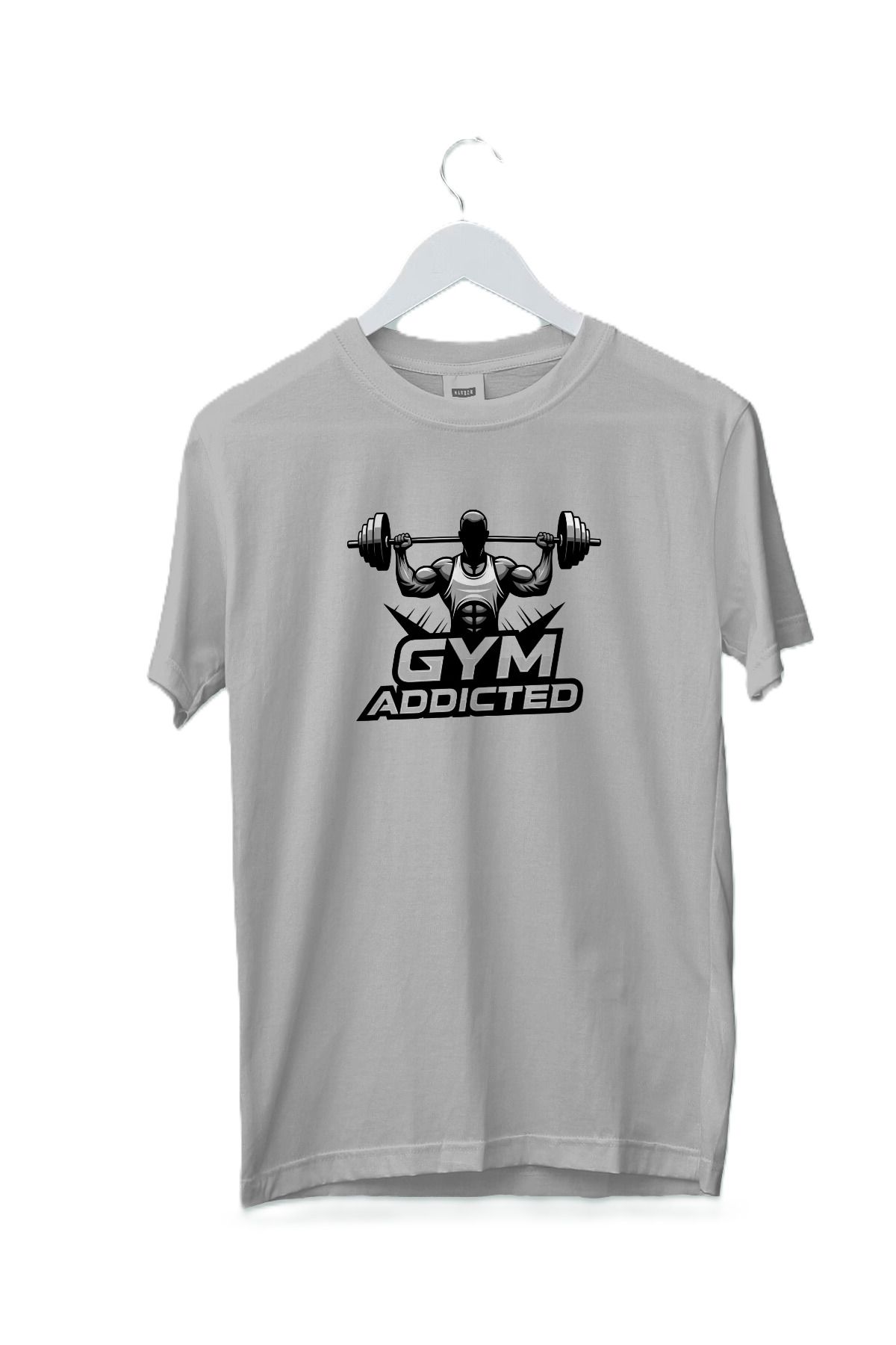 Maki Home Kadın Erkek Unisex Yetişkin Gym Fitness Addicted Baskılı Beyaz Gri Tshirt tişört
