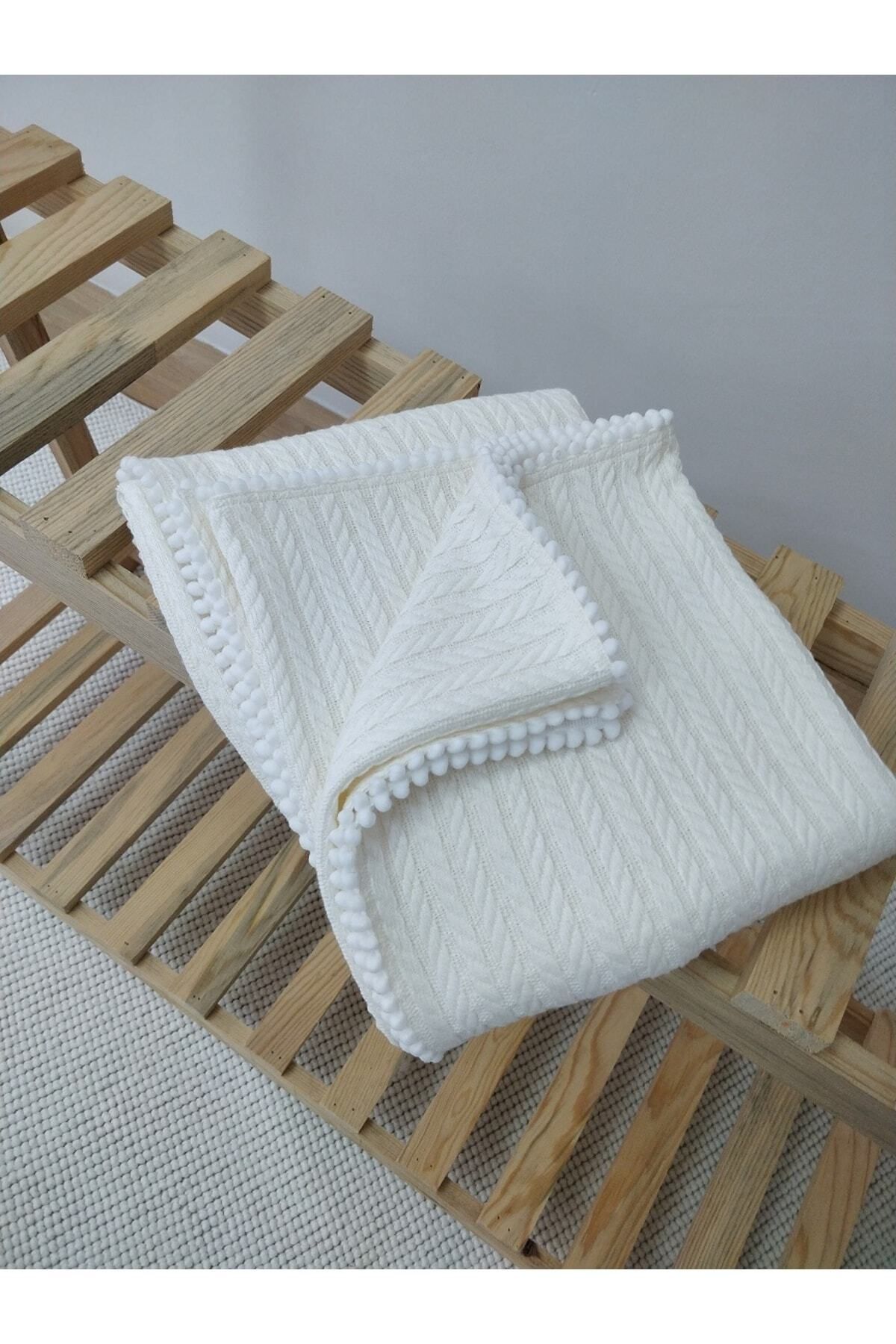 AYZEN HOME % 100 Organik Pamuk Örgü Pike Bebek Battaniyesi Ekru 100*120