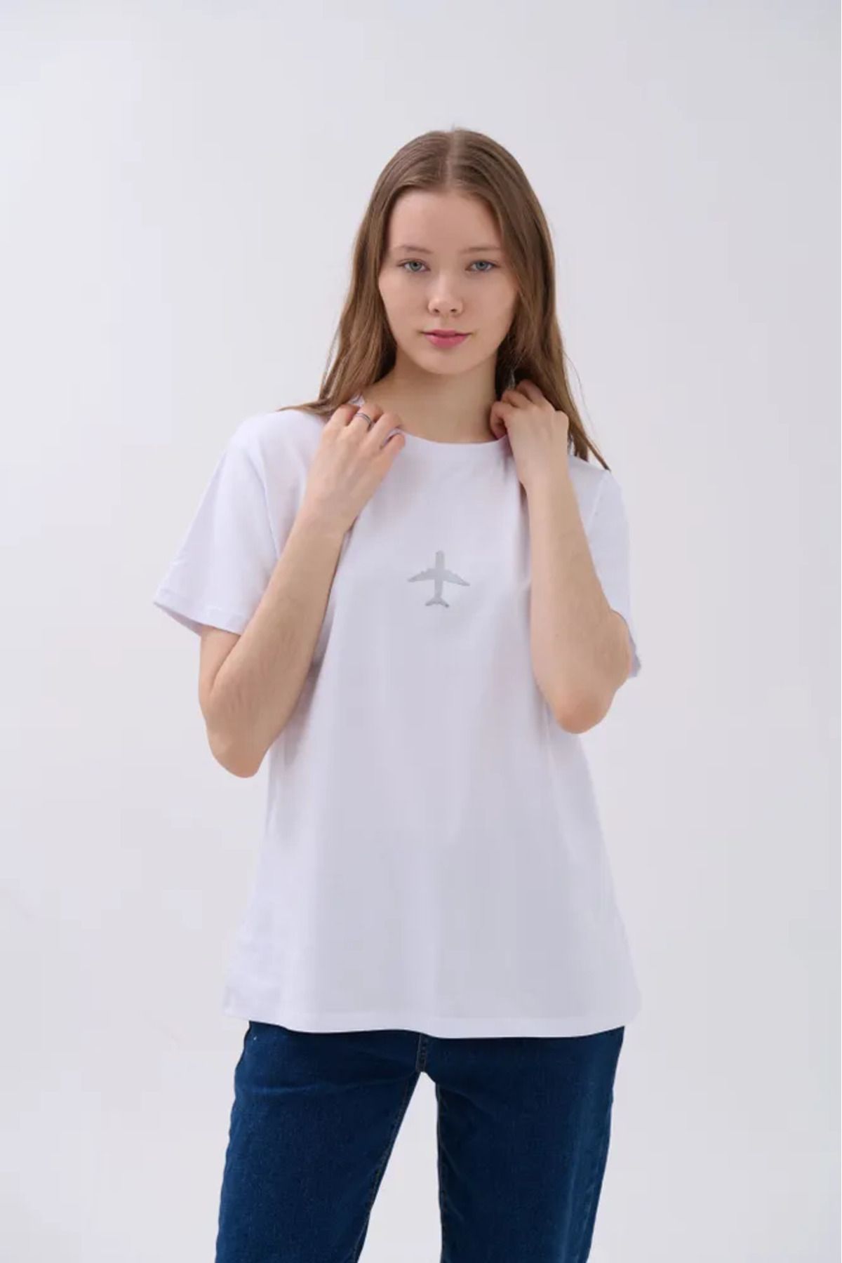 ELNOYA Unisex Pamuklu Beyaz Oversize "Uçak" Baskılı Bisiklet Yaka Rahat Günlük T-shirt