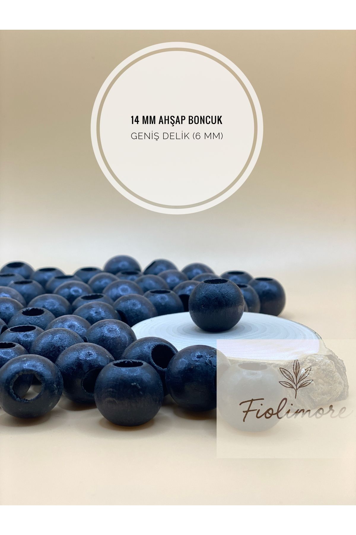 Fiolimore Siyah Ahşap Boncuk 14 mm (50 Gram 60 Adet) Delik Çapı 6 mm Yuvarlak Tahta Renkli Boncuk Geniş Delik