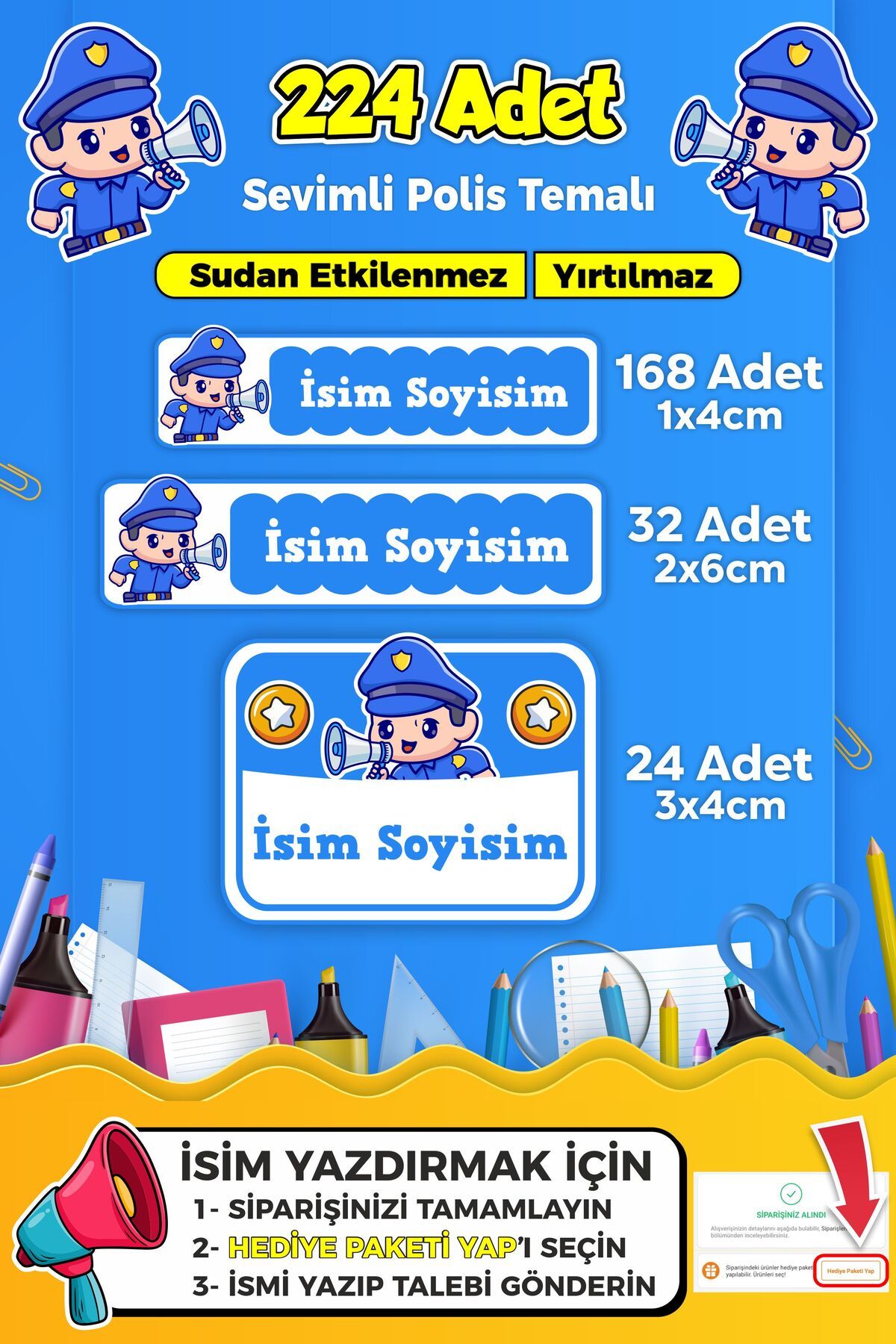 SB store Sevimli Polis Temalı Okul Kreş Kişiye Özel İsim Etiket Seti - Model 312