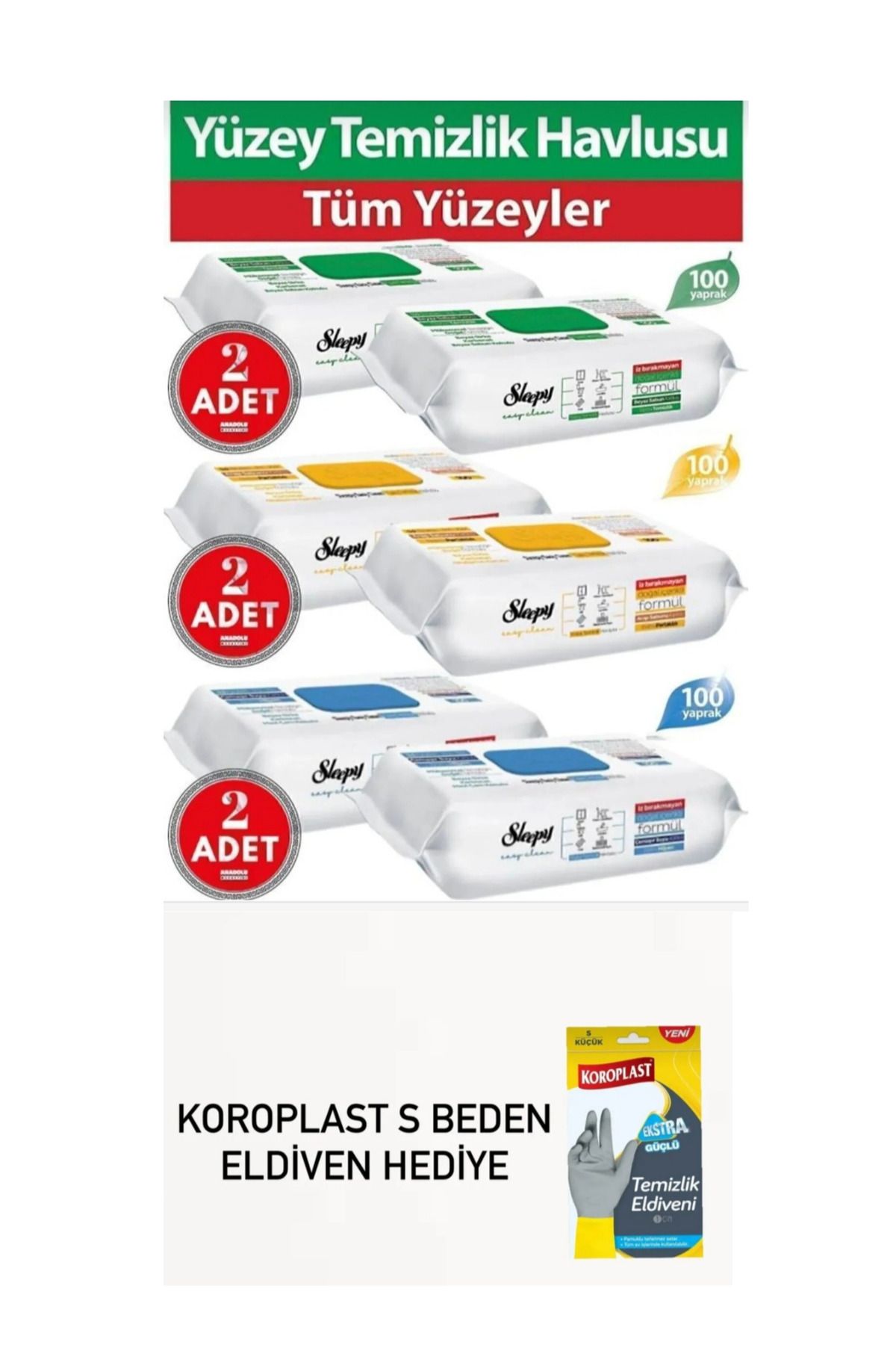 Sleepy Easy clean yüzey temizlik havluları 100'lü 6 paket koroplast temizlik eldiveni hediyeli