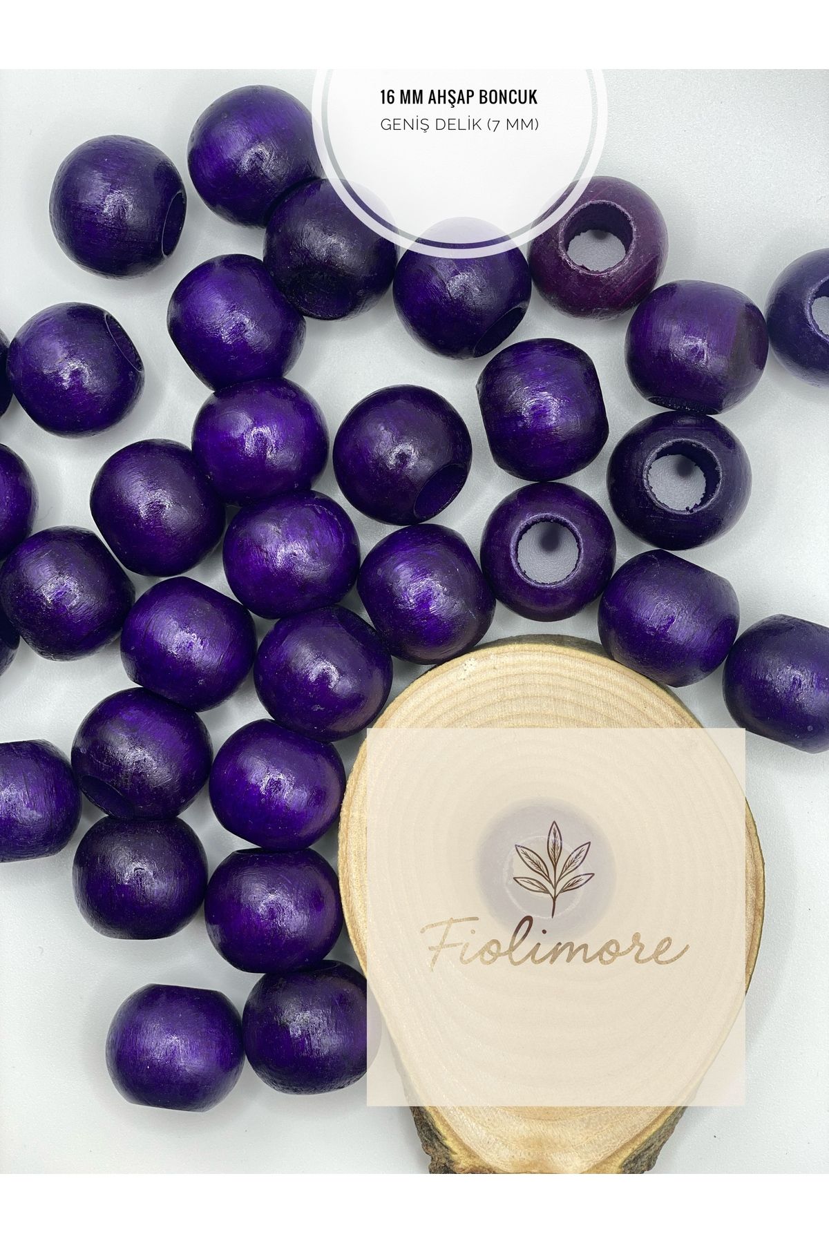 Fiolimore Mor Ahşap Boncuk 16 mm (50 Gram 40 Adet) Delik Çapı 7 mm Yuvarlak Tahta Renkli Boncuk Geniş Delik