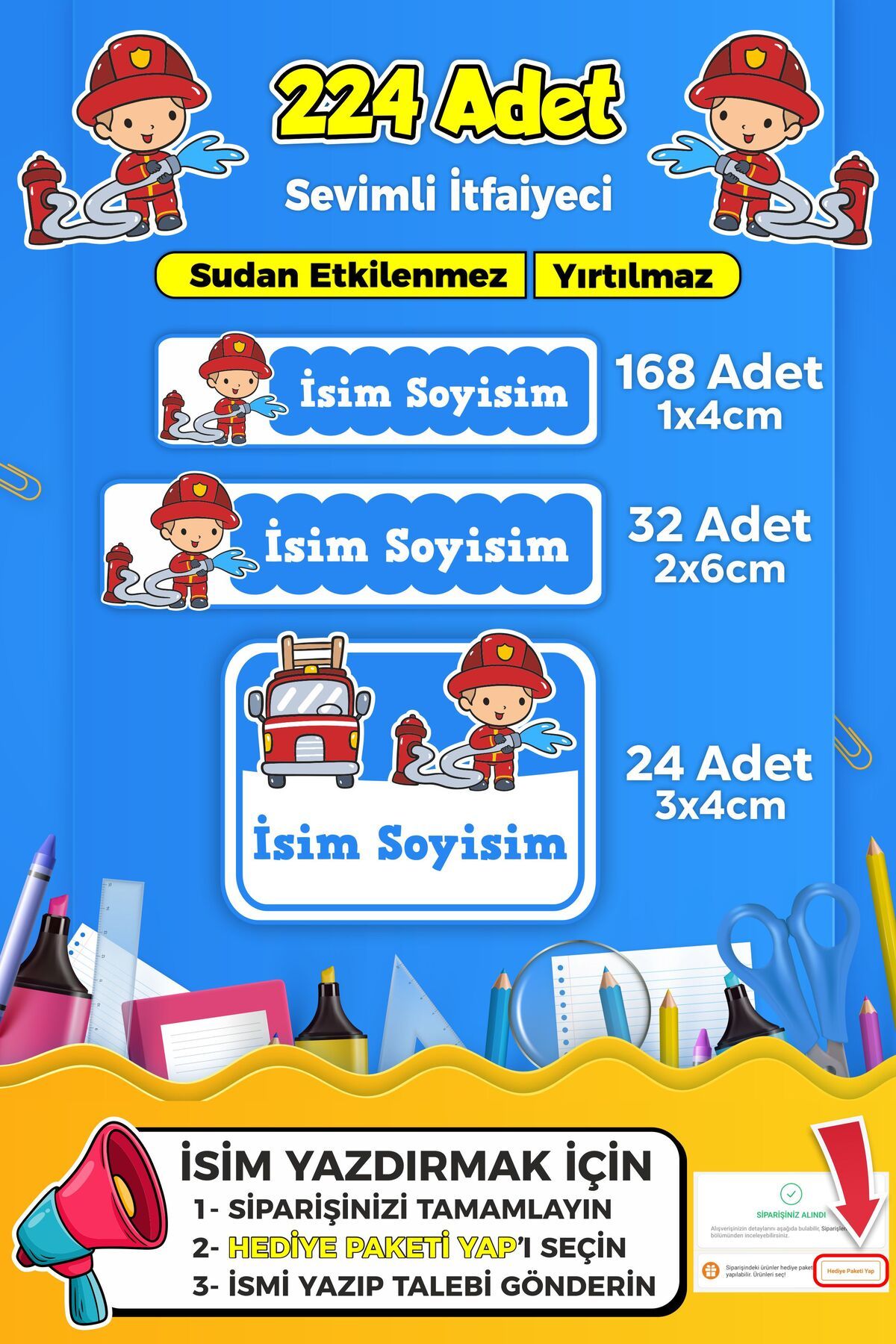 SB store Sevimli İtfaiyeci Temalı Okul Kreş Kişiye Özel İsim Etiket Seti - Model 319