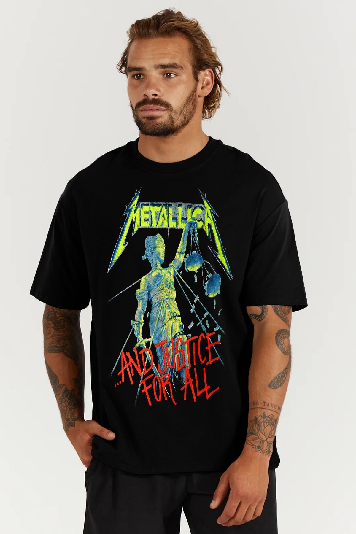 MODA Metallica Baskılı Oversize Kalıp Siyah Geniş Bol Kesim Erkek Tişört