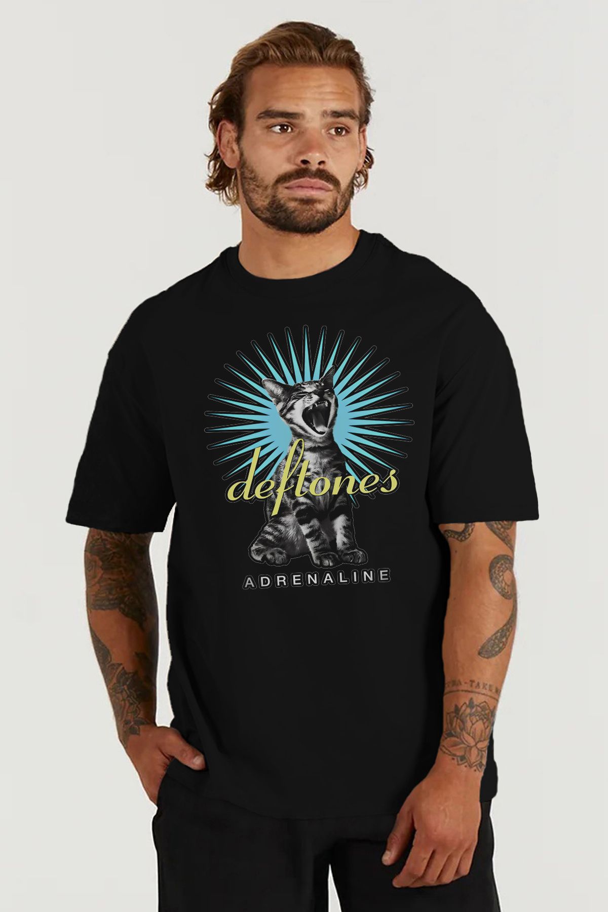 MODA Deftones Kedi Baskılı Oversize Kalıp Siyah Geniş Bol Kesim Erkek Tişört