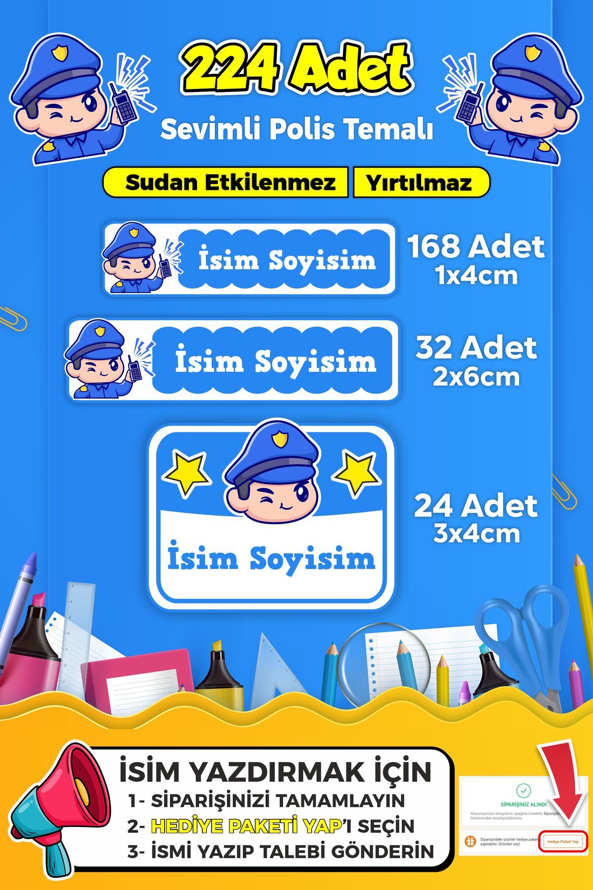 SB store Sevimli Polis Temalı Okul Kreş Kişiye Özel İsim Etiket Seti - Model 315