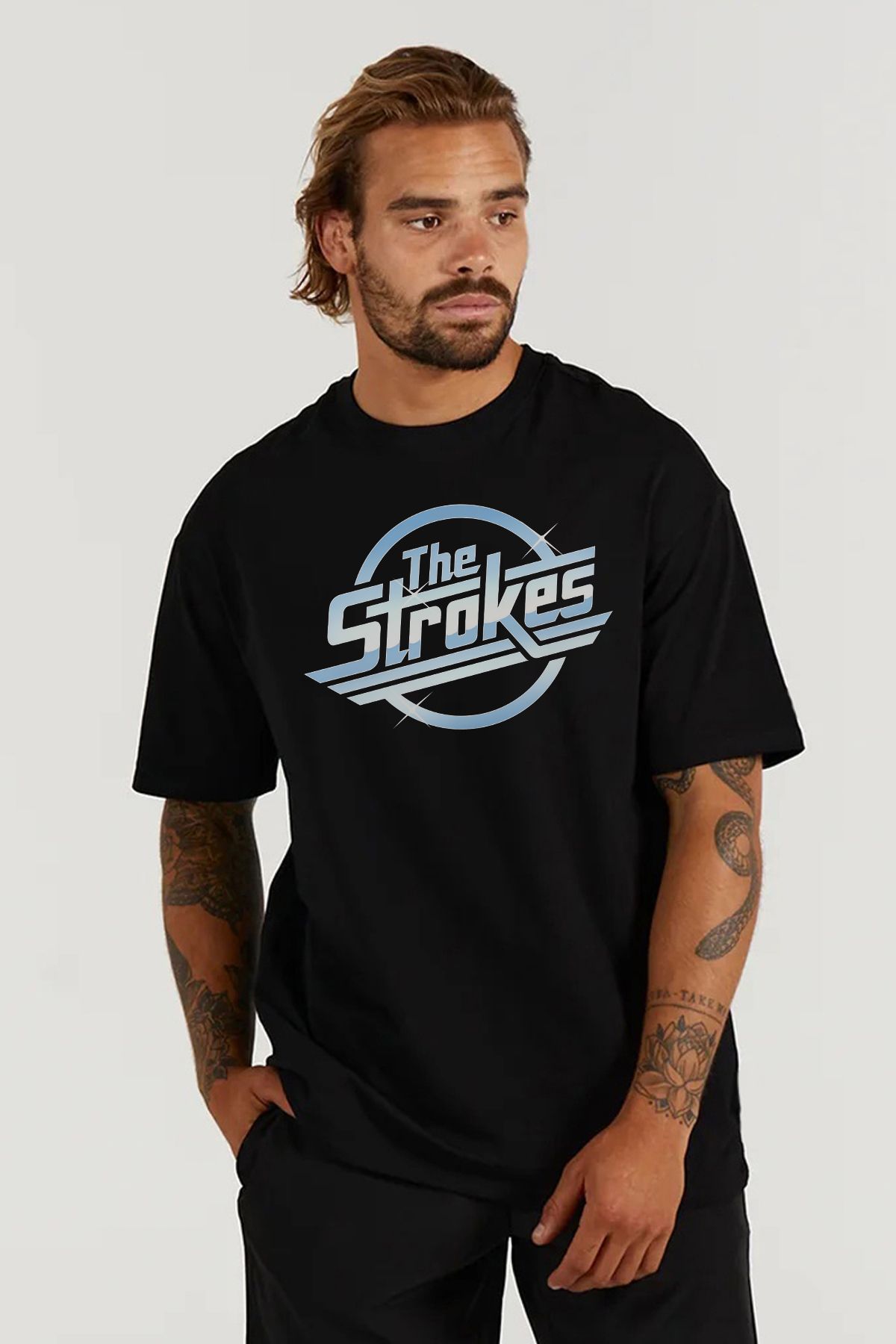 MODA The Strokes Baskılı Oversize Kalıp Siyah Geniş Bol Kesim Erkek Tişört