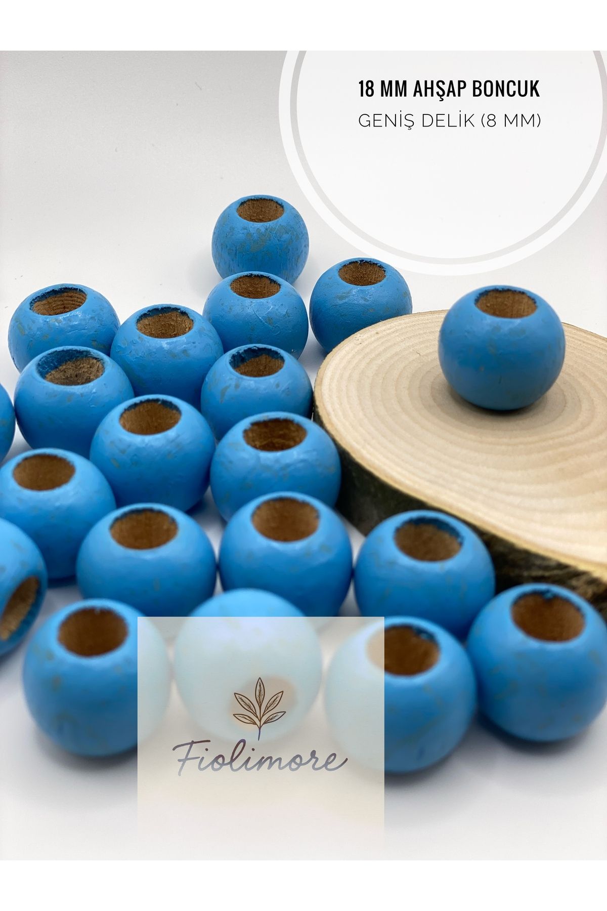 Fiolimore Mavi Ahşap Boncuk 18 mm (50 Gram 30 Adet) Delik Çapı 8 mm Yuvarlak Tahta Renkli Boncuk Geniş Delik