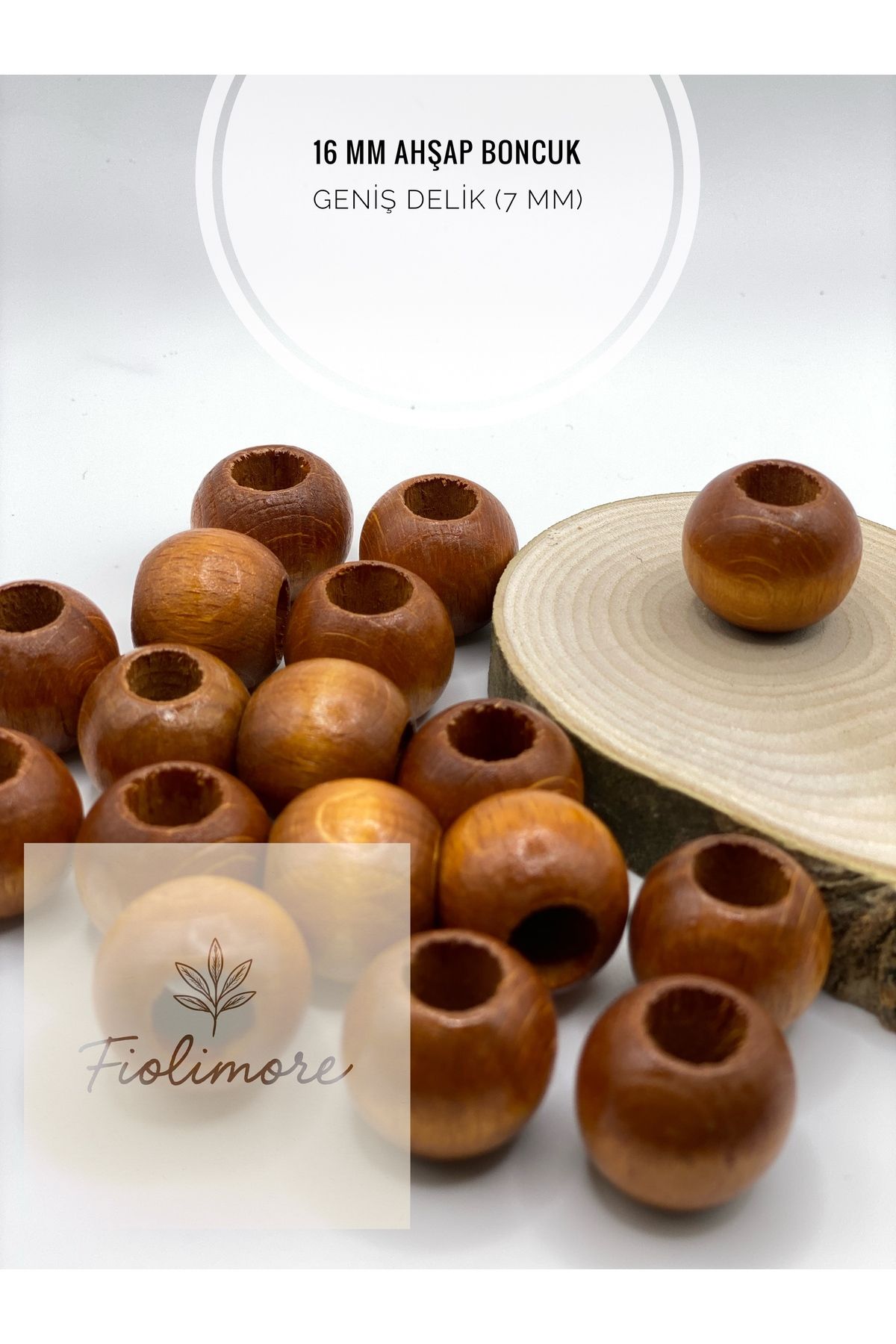 Fiolimore Taba Kahve Ahşap Boncuk 16 mm (50 Gram 40 Adet) Delik Çapı 7 mm Yuvarlak Tahta Renkli Geniş Delik