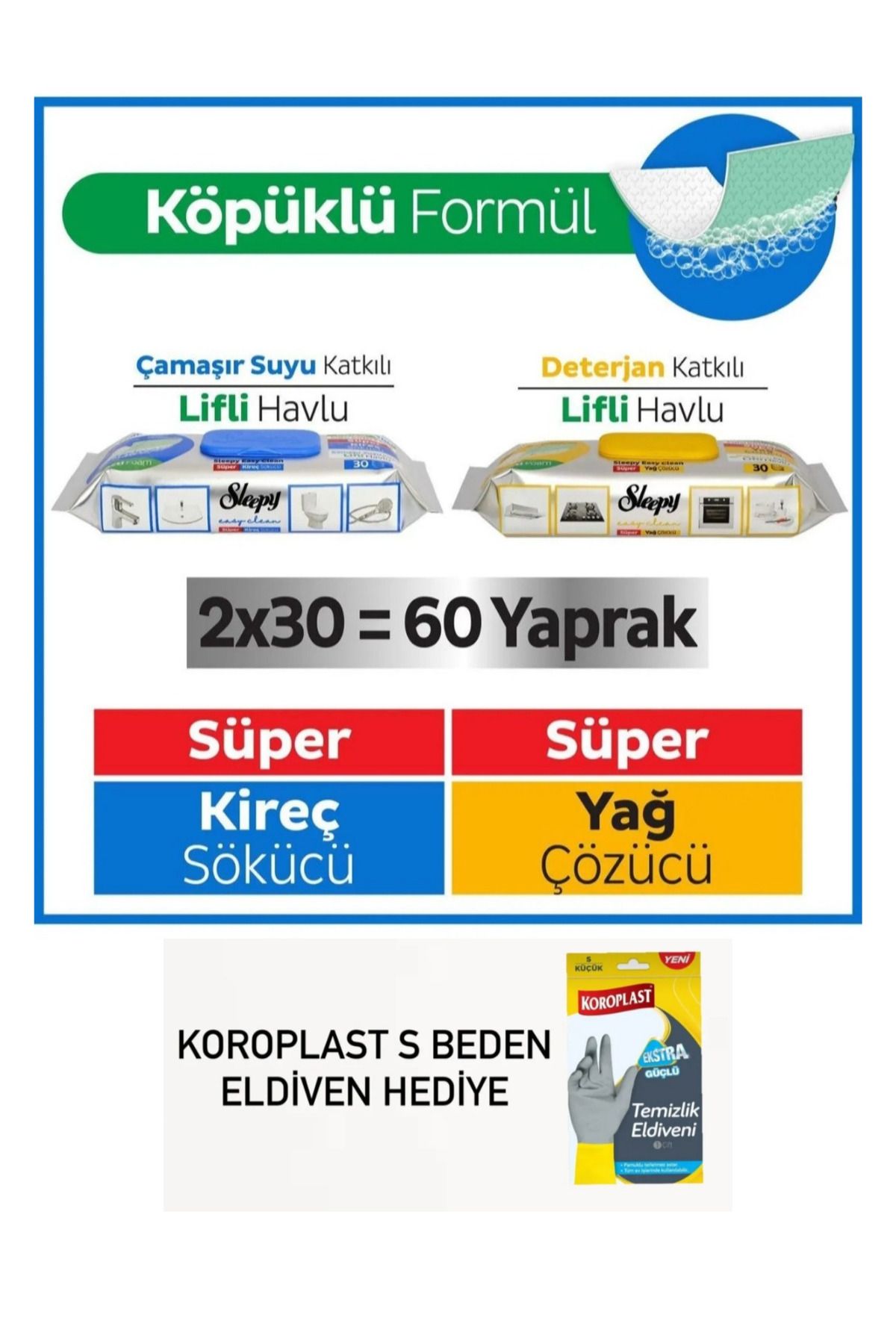 Sleepy Easy clean süper yağ çözücü& kireç sökücü temizlik havlusu 2x30 (60 yaprak) eldiven hediyeli