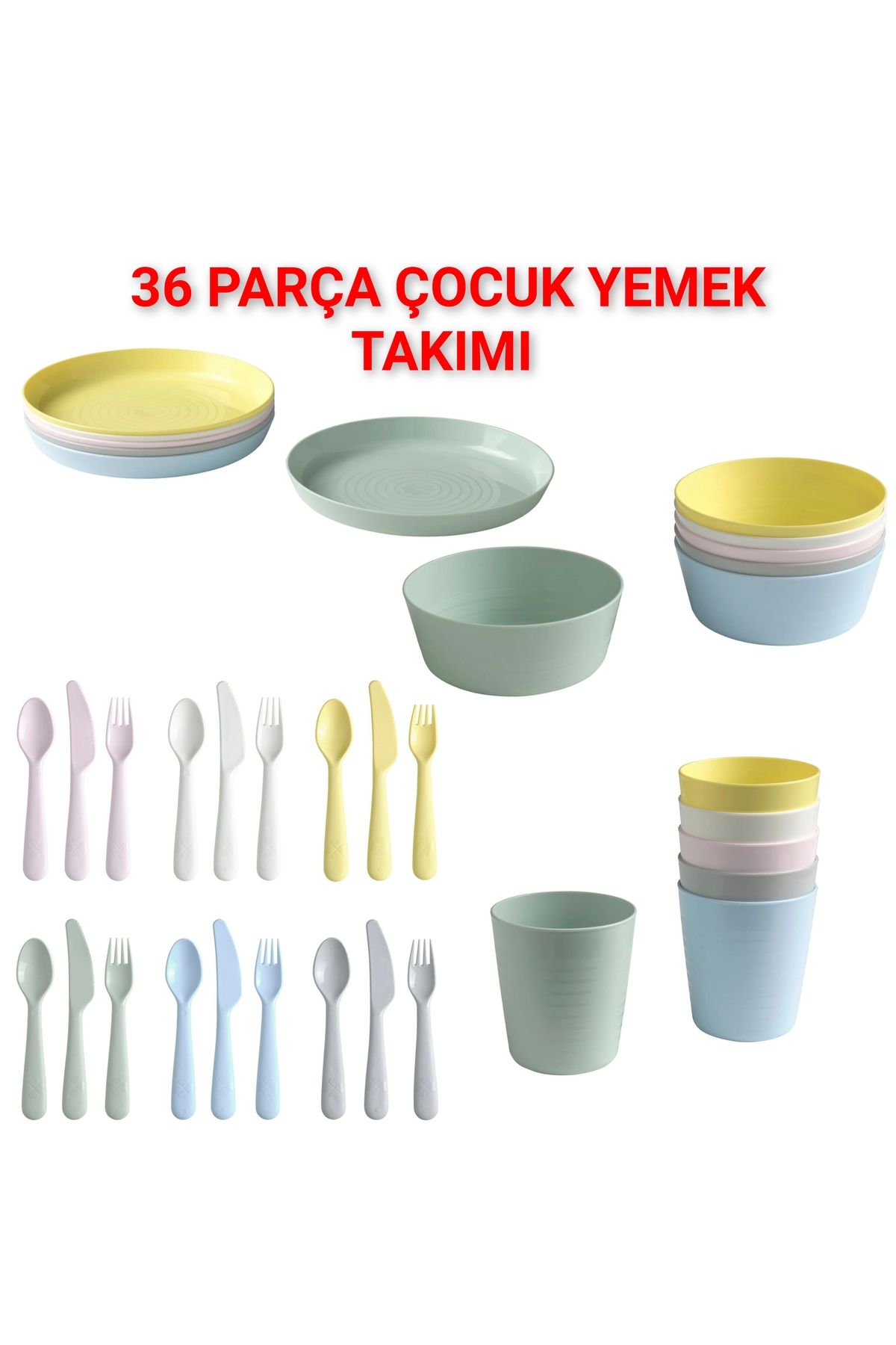 IKEA KALİTELİ 36 Parça Çocuk Yemek Seti Ikea 6 Tabak 6 Bardak 6 Kaşık 6 Çatal 6 Bıçak 6 Kase