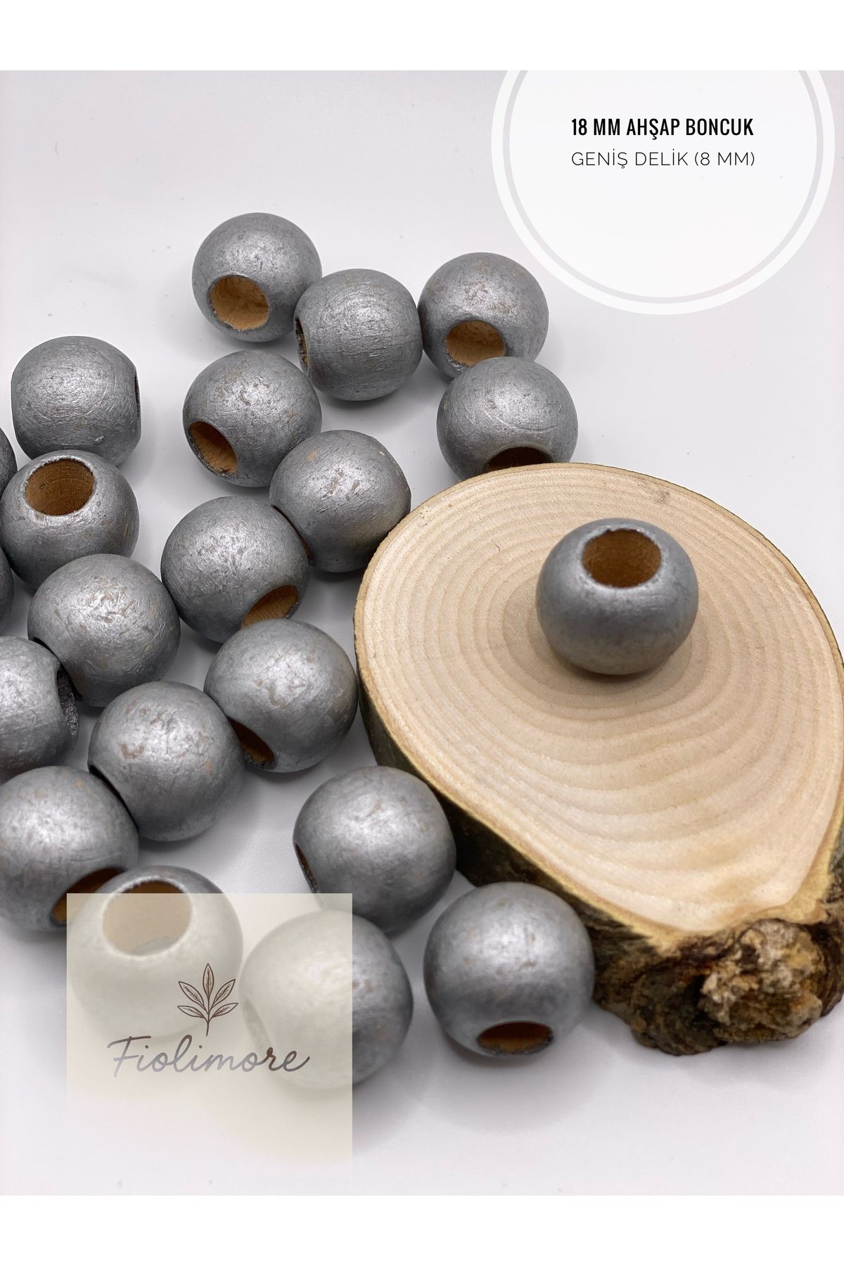 Fiolimore Gri Parlak Ahşap Boncuk 18 mm (50 Gram 30 Adet) Delik Çapı 8 mm Yuvarlak Tahta Renkli Geniş Delik