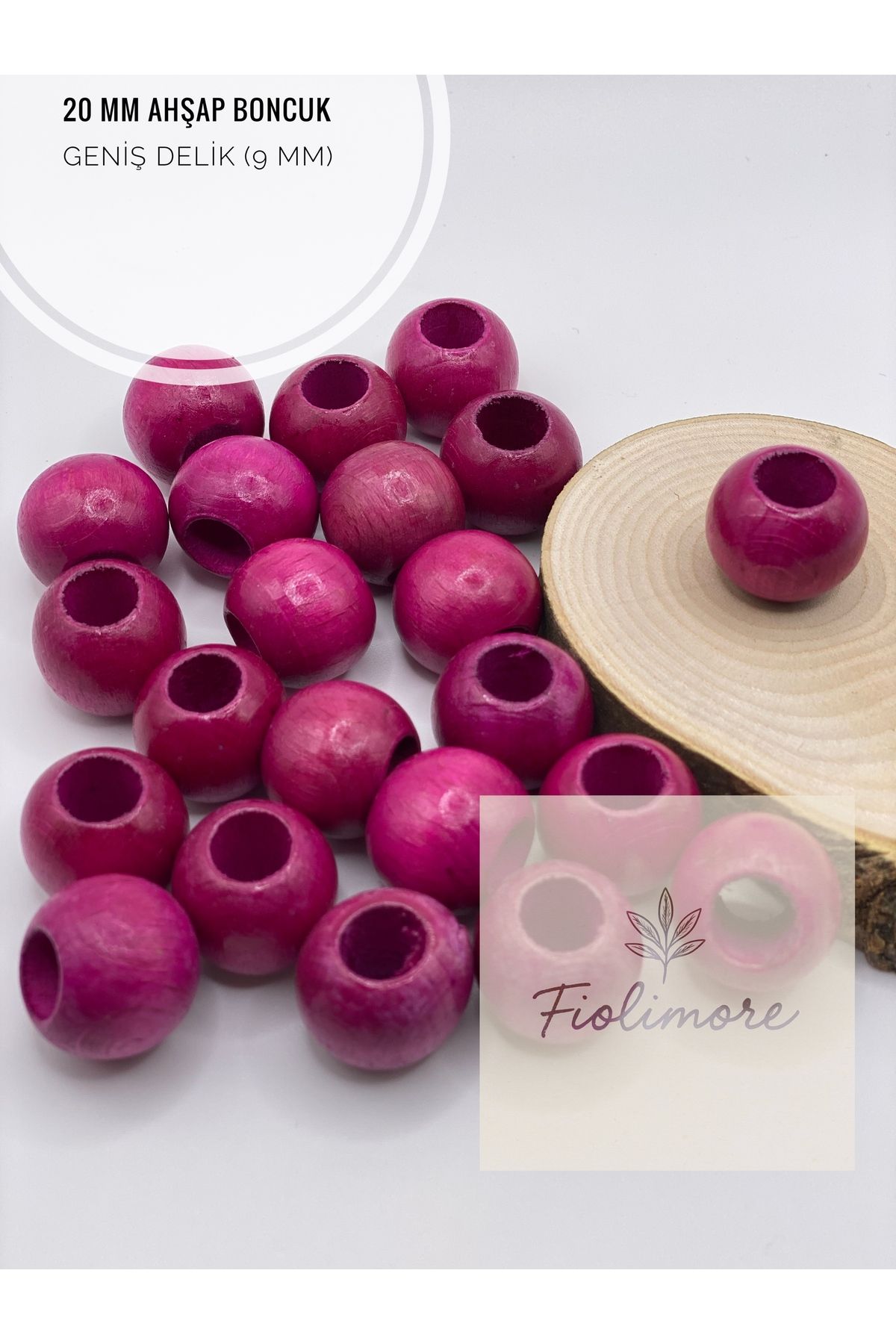 Fiolimore Fuşya Pembe Ahşap Boncuk 20 mm (50 Gram 22 Adet) Delik Çapı 9 mm Yuvarlak Tahta Renkli Geniş Delik