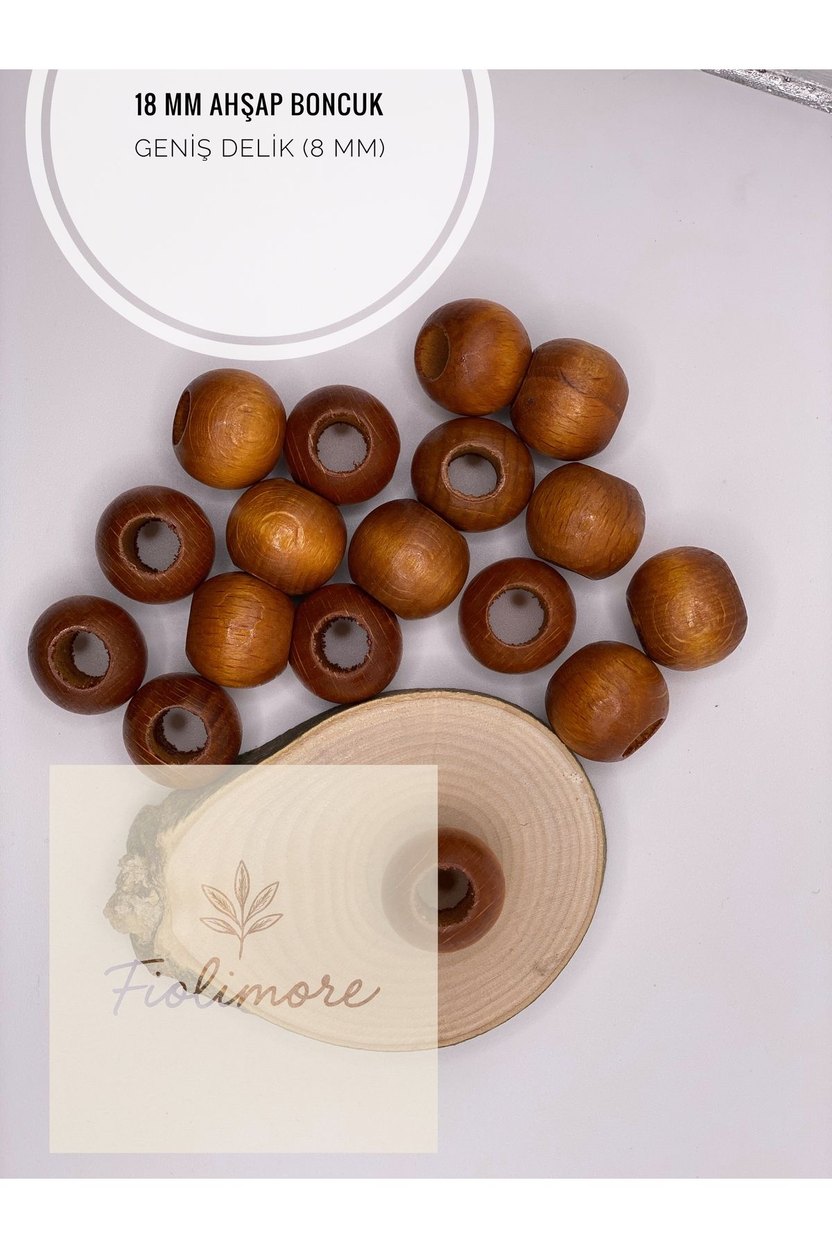 Fiolimore Taba Kahve Ahşap Boncuk 18 mm (50 Gram 30 Adet) Delik Çapı 8 mm Yuvarlak Tahta Renkli Geniş Delik