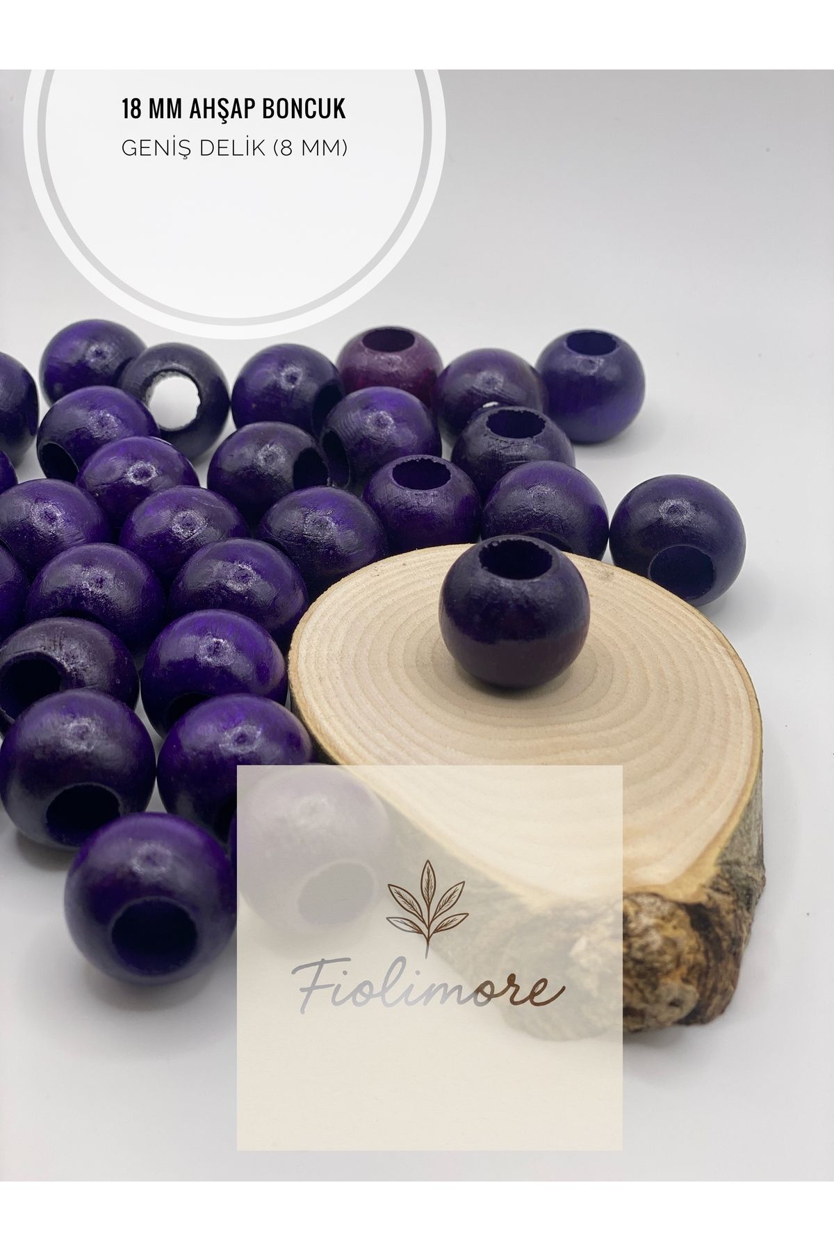 Fiolimore Mor Ahşap Boncuk 18 mm (50 Gram 30 Adet) Delik Çapı 8 mm Yuvarlak Tahta Renkli Boncuk Geniş Delik