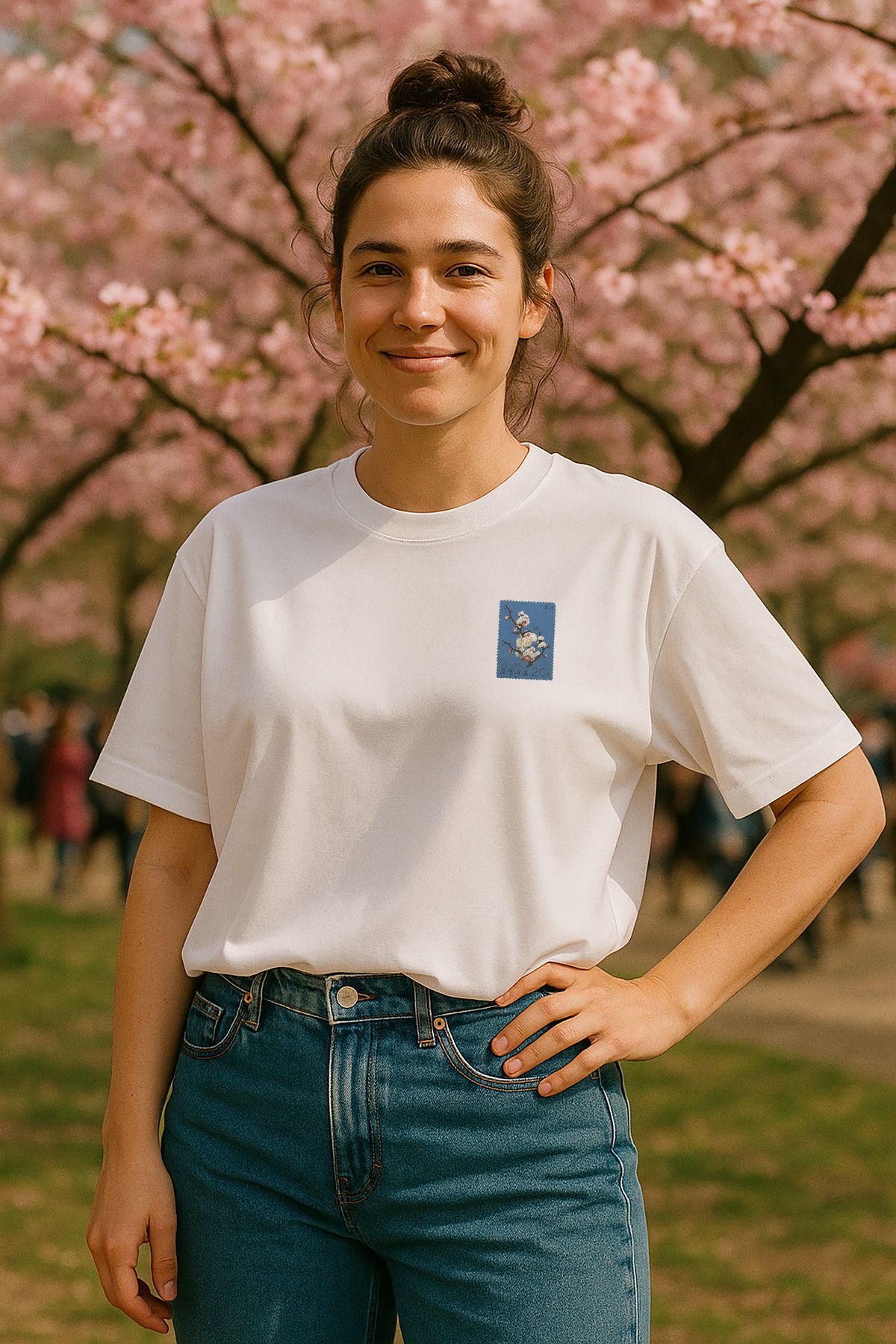 wolka Kiraz Çiçeği Japonya Posta Pulu Baskılı Unisex %100 Pamuk Oversize Bisiklet Yaka Beyaz T-shirt
