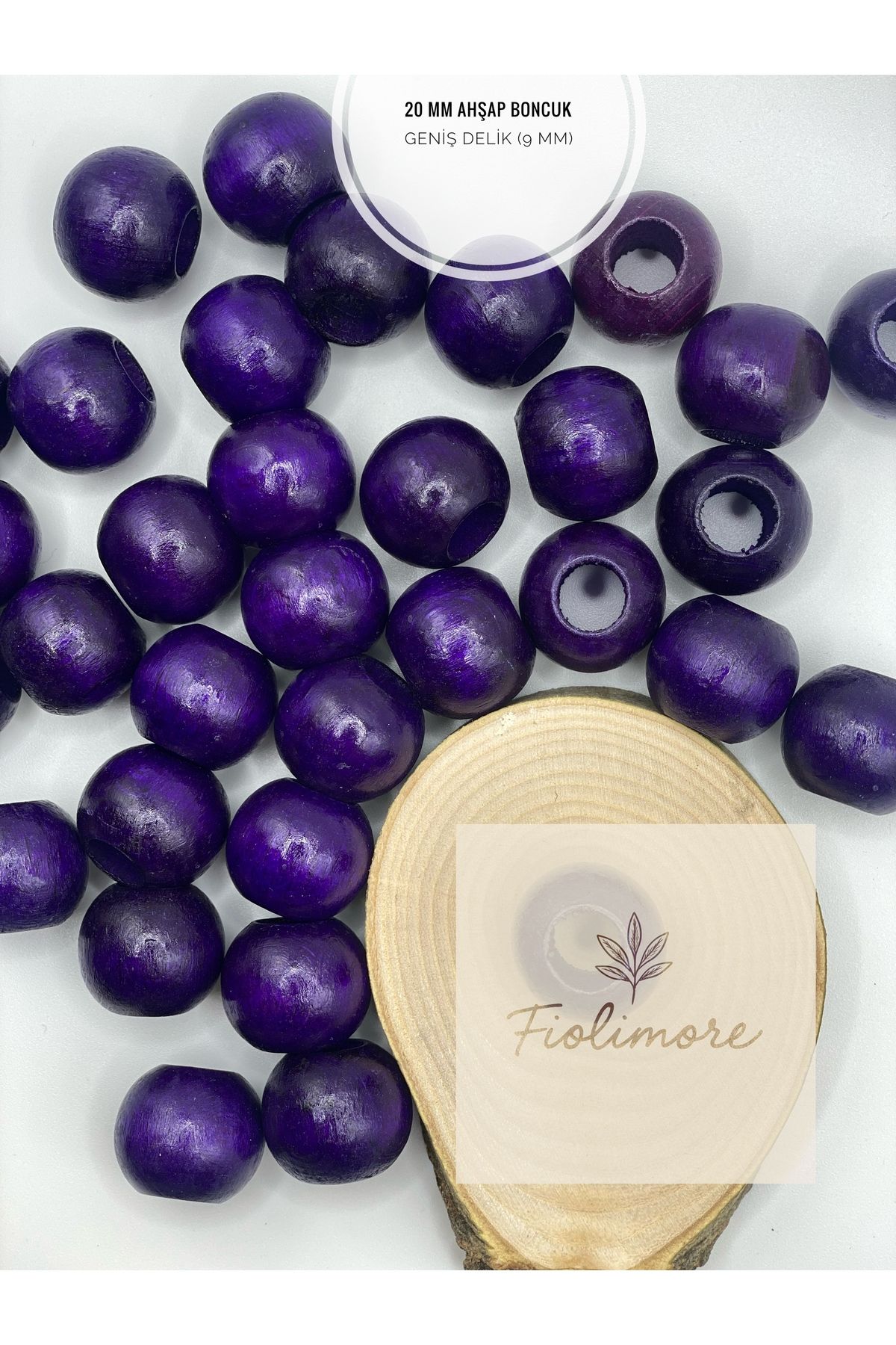 Fiolimore Mor Ahşap Boncuk 20 mm (50 Gram 22 Adet) Delik Çapı 9 mm Yuvarlak Tahta Renkli Boncuk Geniş Delik