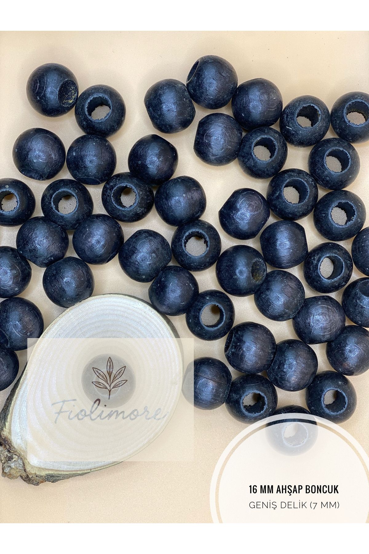 Fiolimore Siyah Ahşap Boncuk 16 mm (50 Gram 40 Adet) Delik Çapı 7 mm Yuvarlak Tahta Renkli Boncuk Geniş Delik